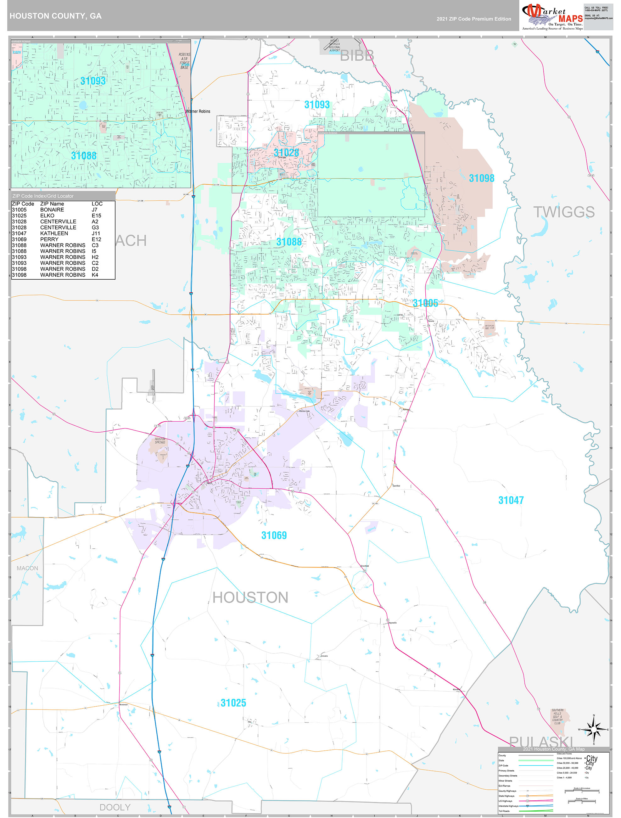 Houston County, Ga Wall Map Premium Style By Marketmaps