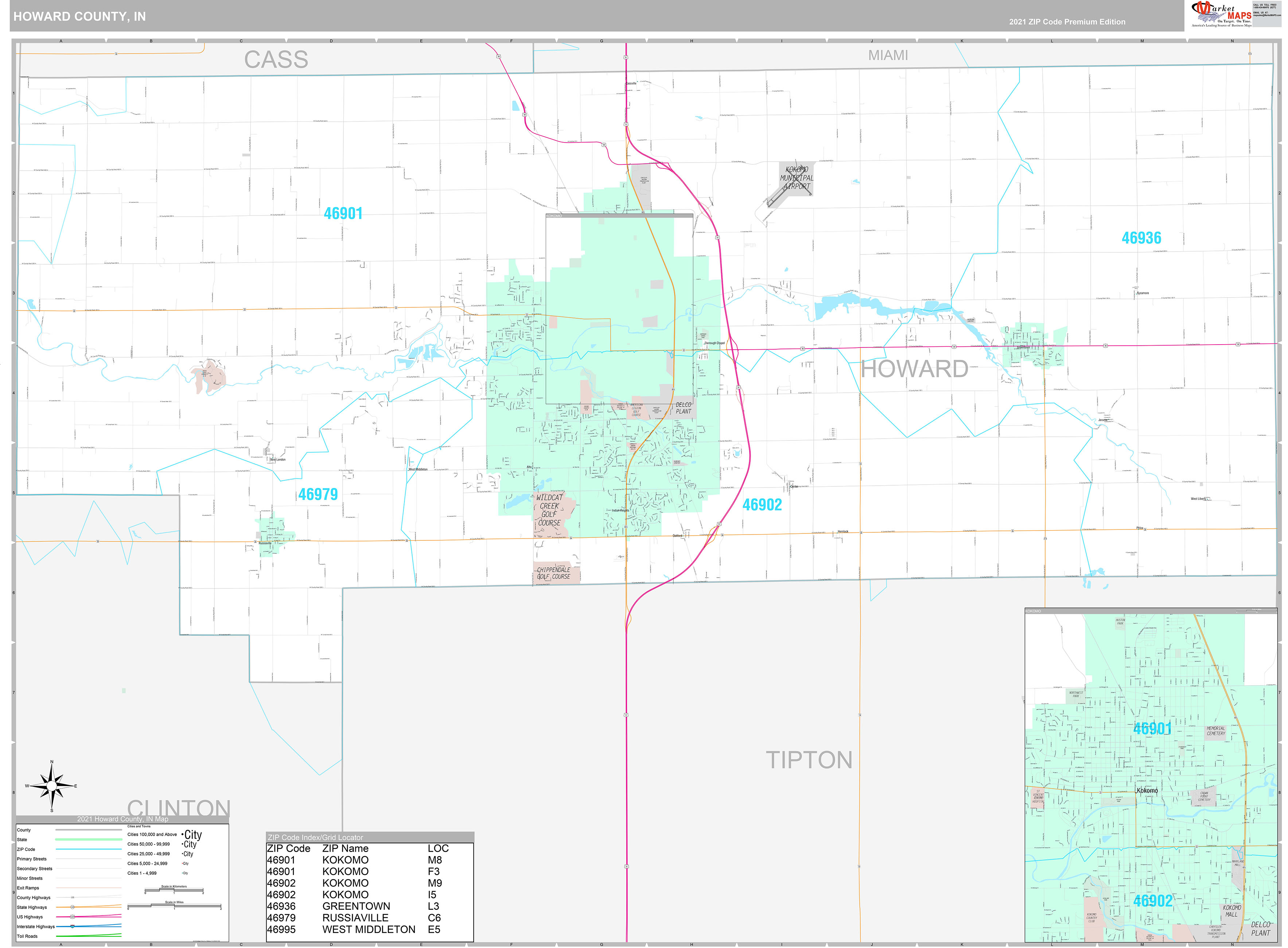 Howard County, IN Wall Map Premium Style by MarketMAPS