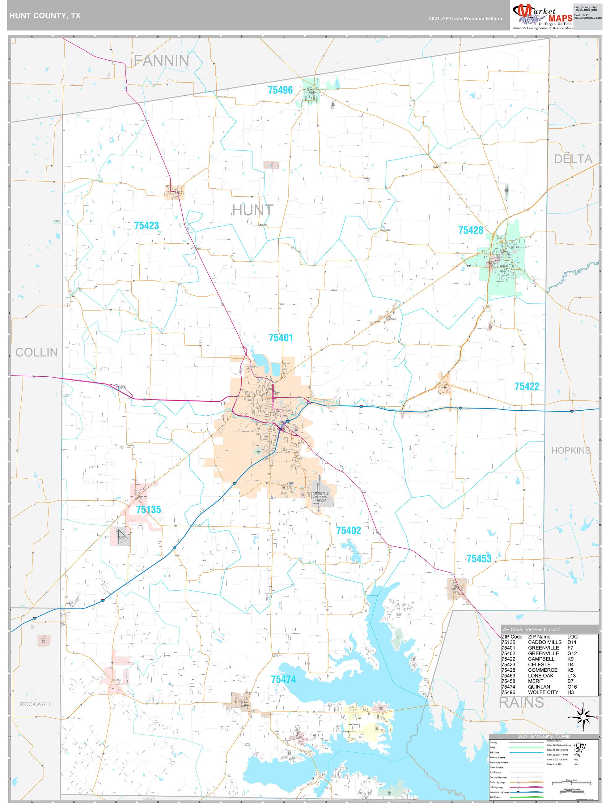 Hunt County, TX Wall Map Premium Style by MarketMAPS MapSales