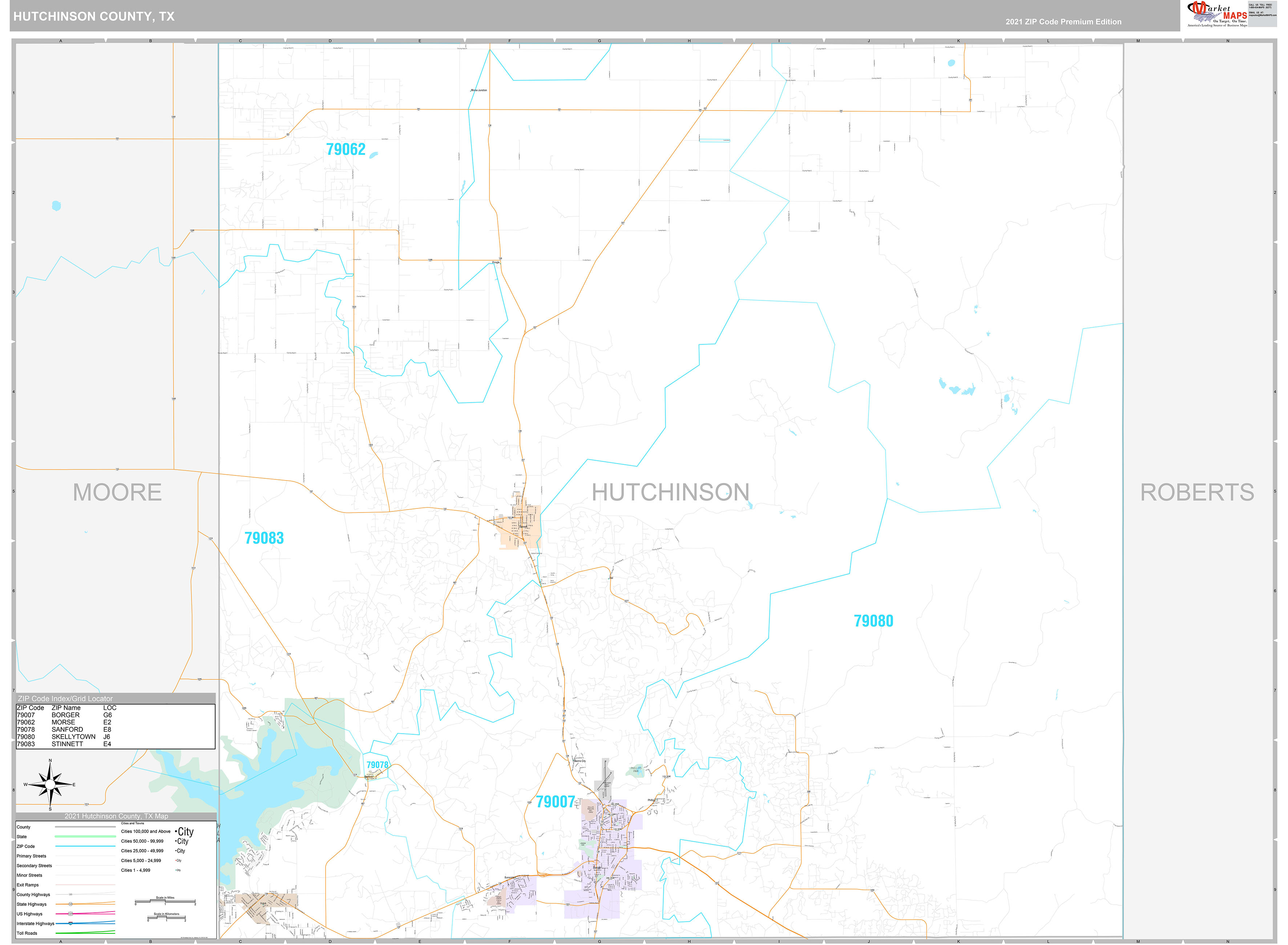 Hutchinson County, TX Wall Map Premium Style by MarketMAPS