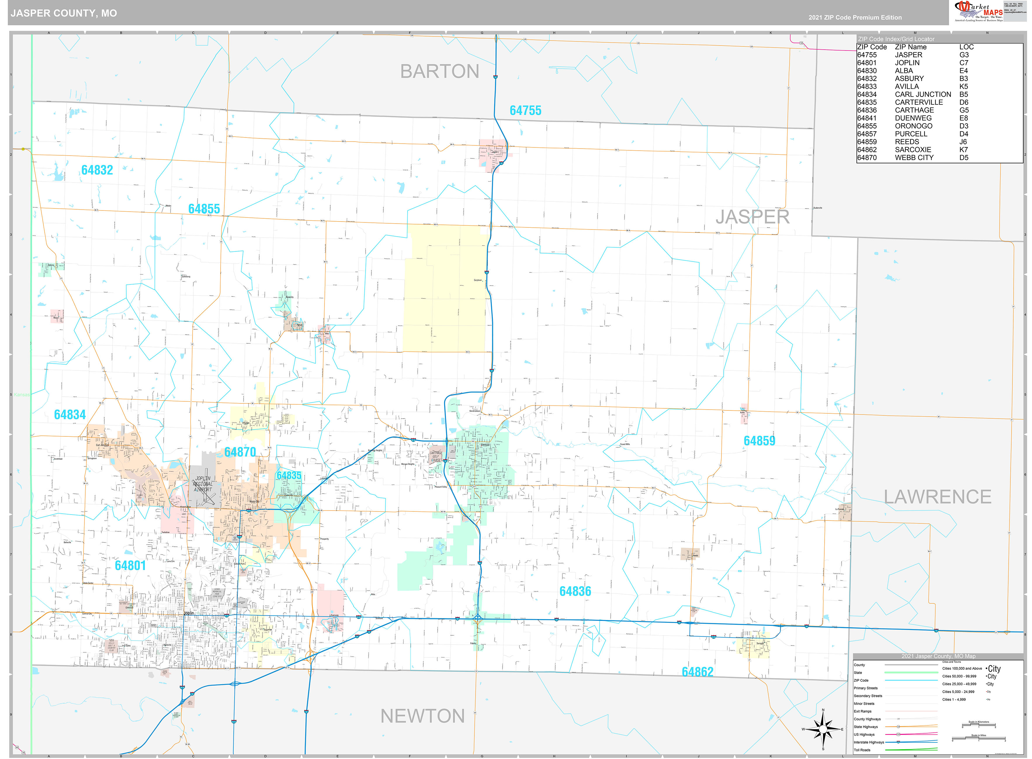 Jasper County, MO Wall Map Premium Style by MarketMAPS