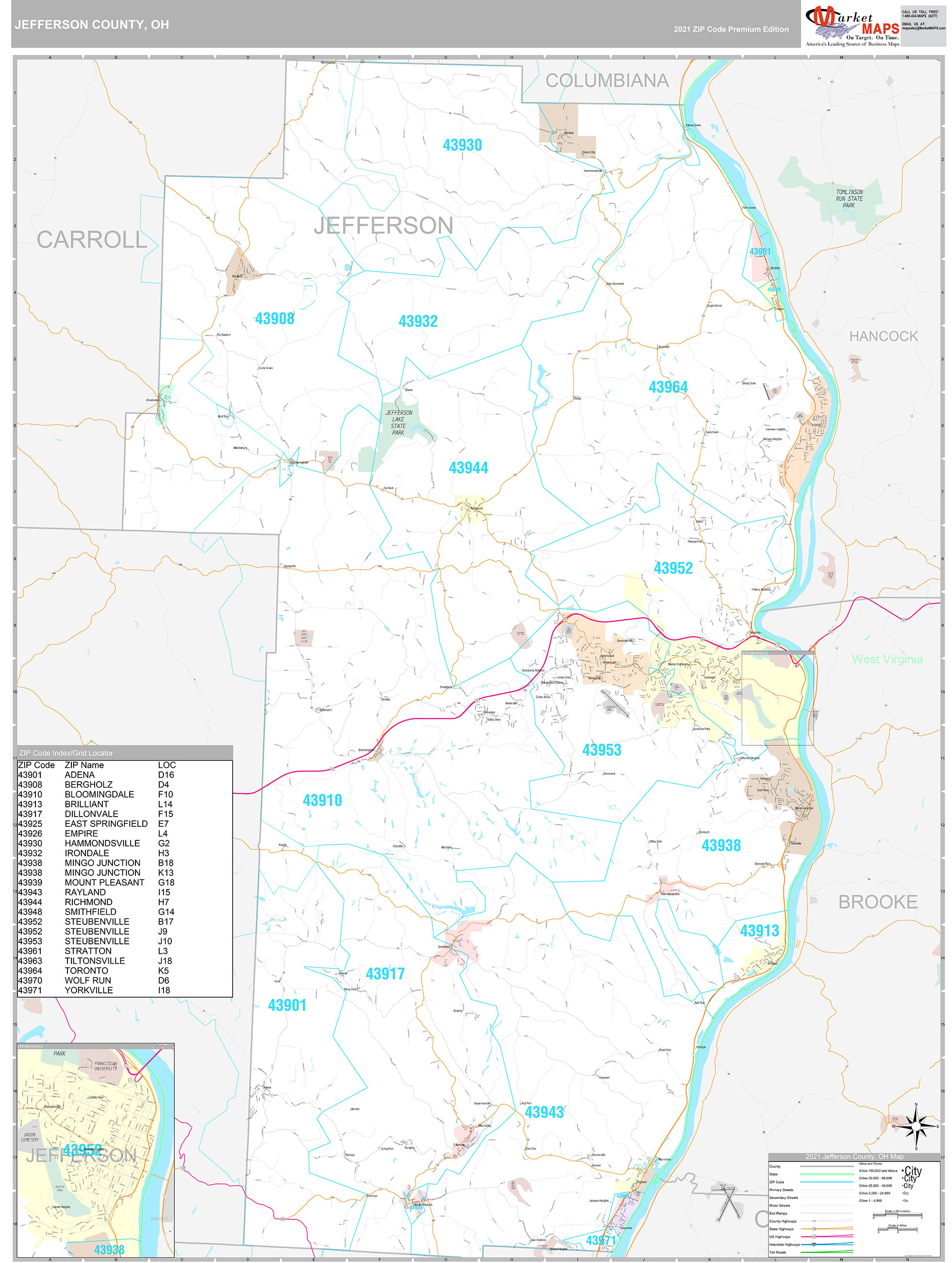 Jefferson County OH Wall Map Premium Style by MarketMAPS