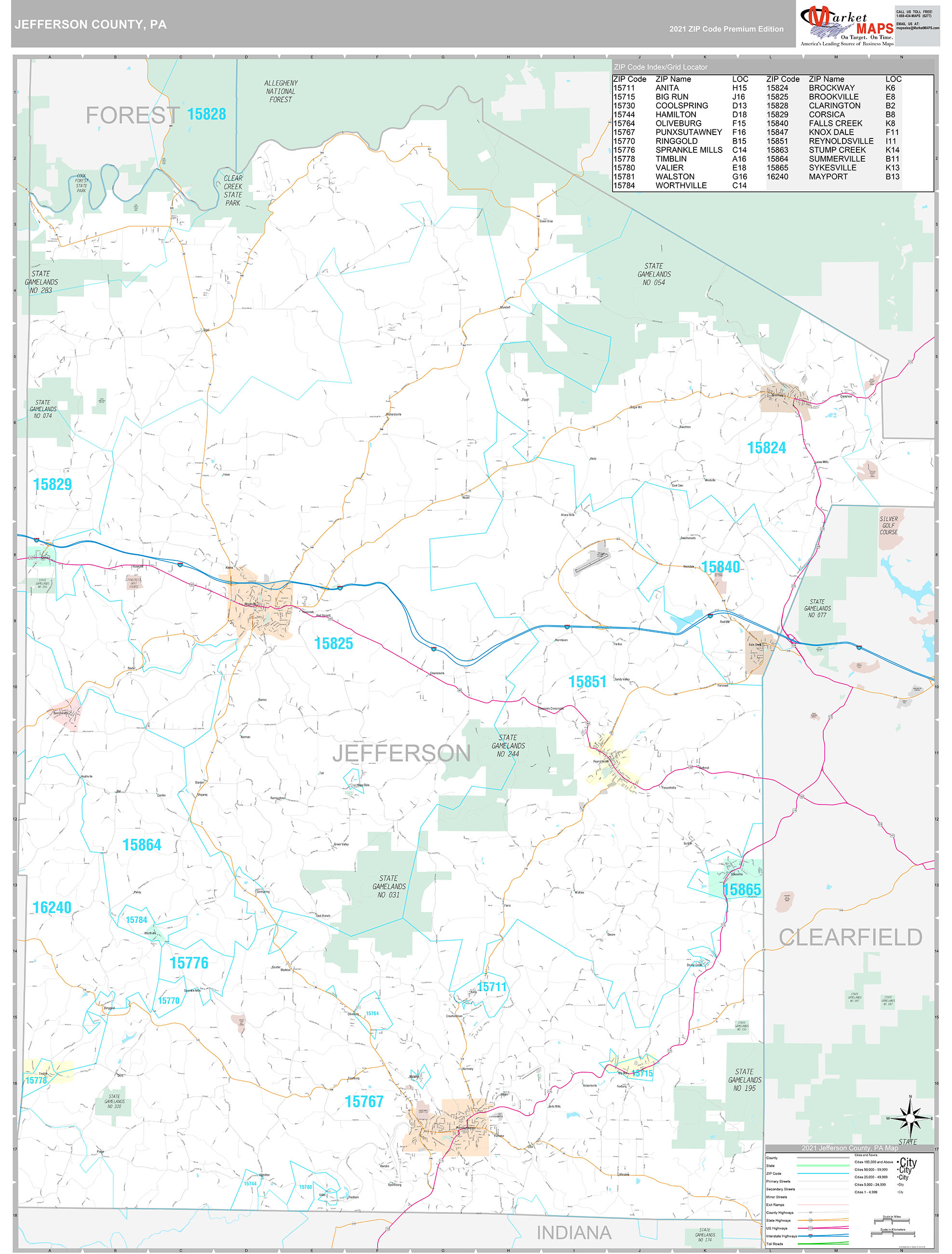 Jefferson County PA Wall Map Premium Style by MarketMAPS