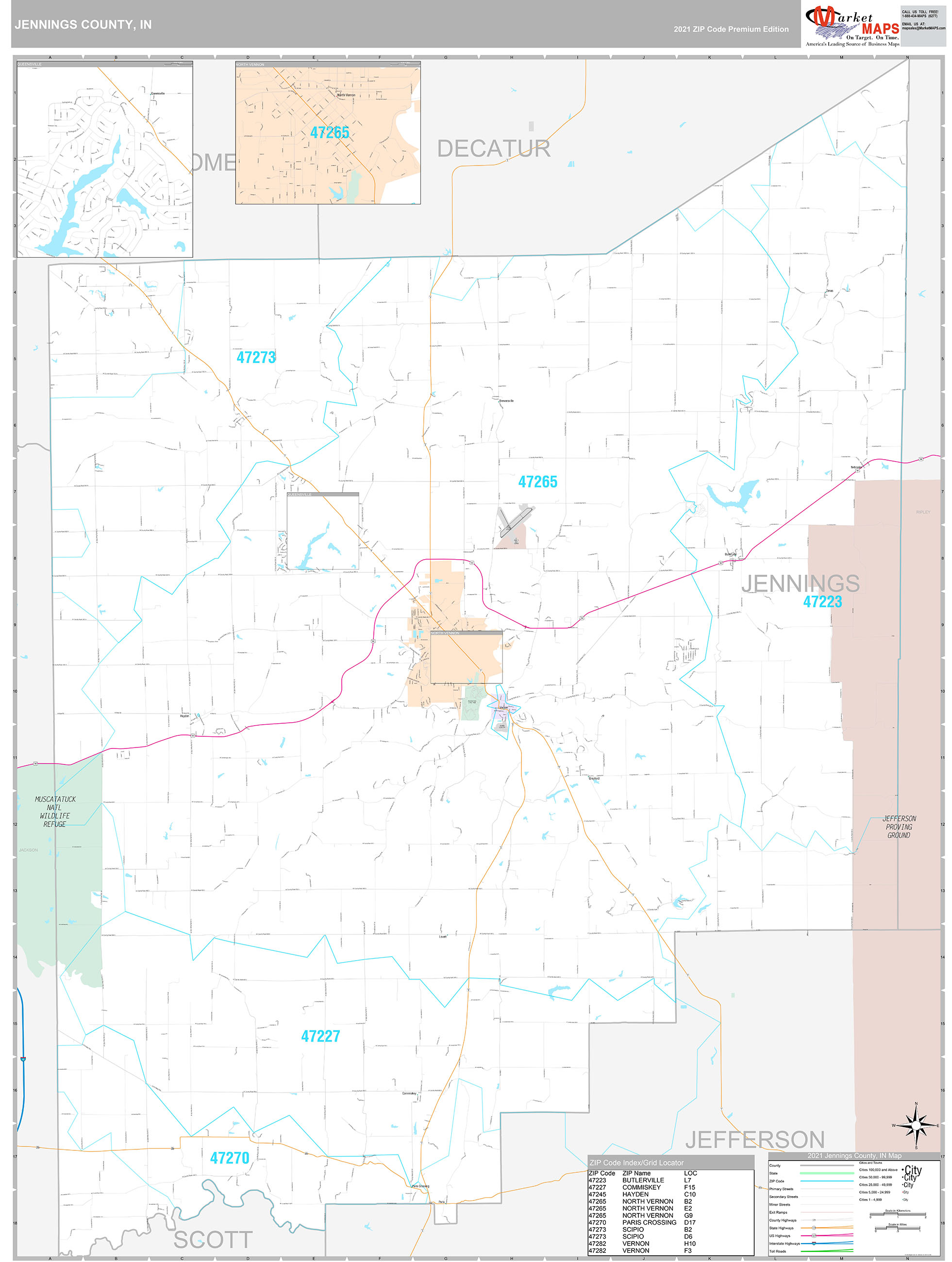 Jennings County, IN Wall Map Premium Style by MarketMAPS - MapSales