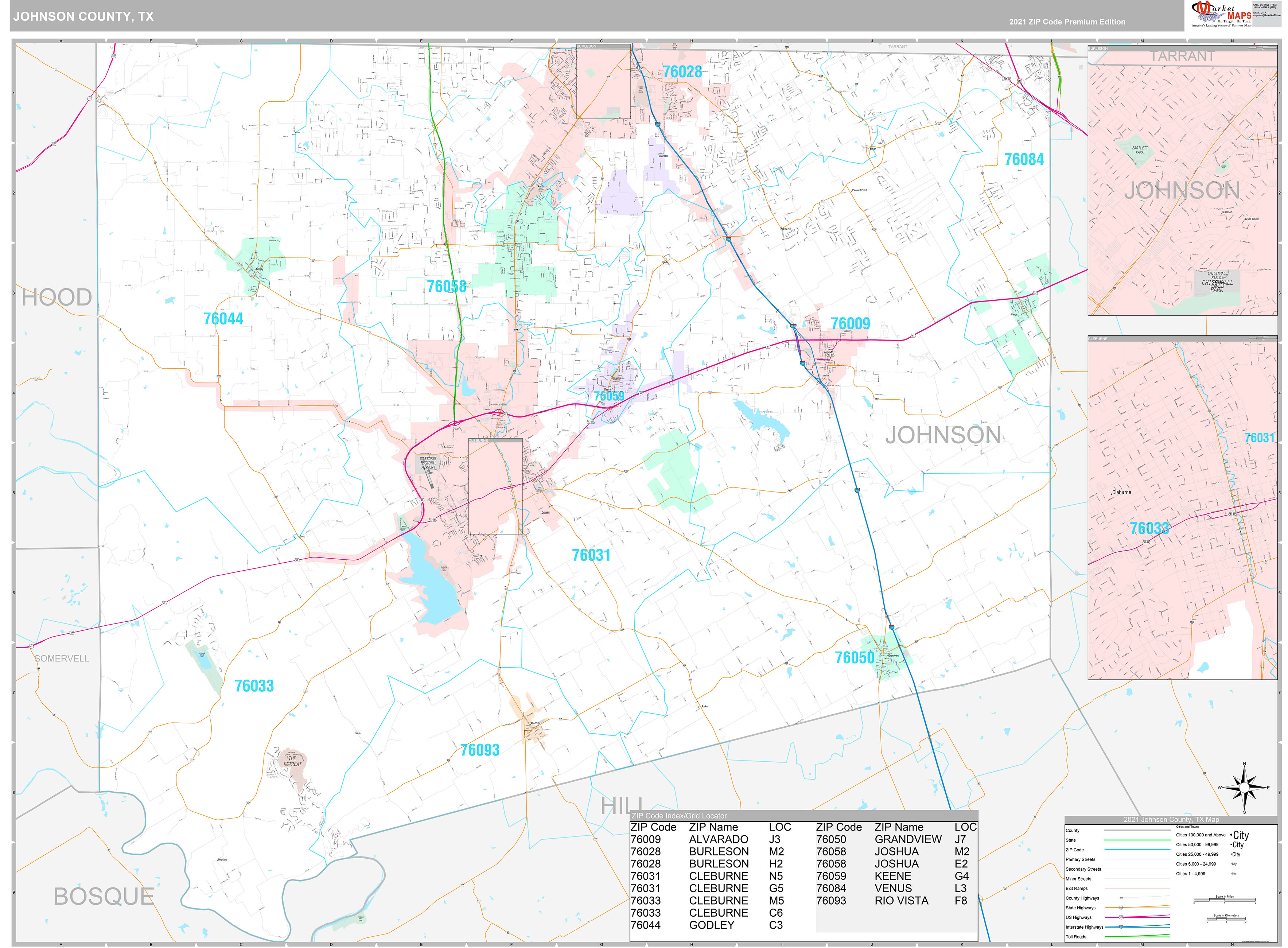 Johnson County, TX Wall Map Premium Style by MarketMAPS - MapSales
