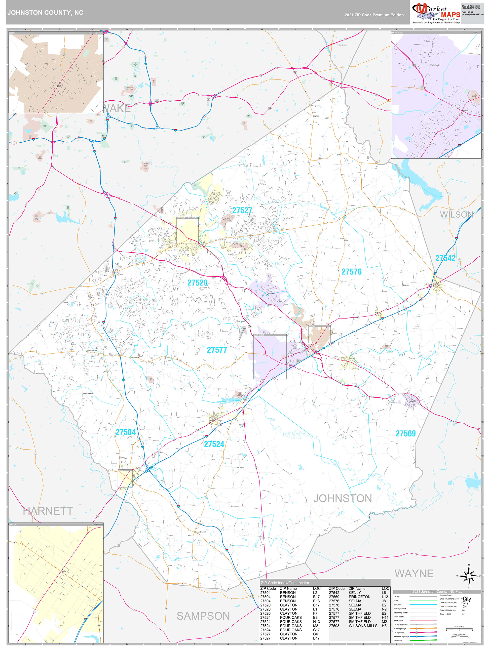 Johnston County, NC Wall Map Premium Style By MarketMAPS