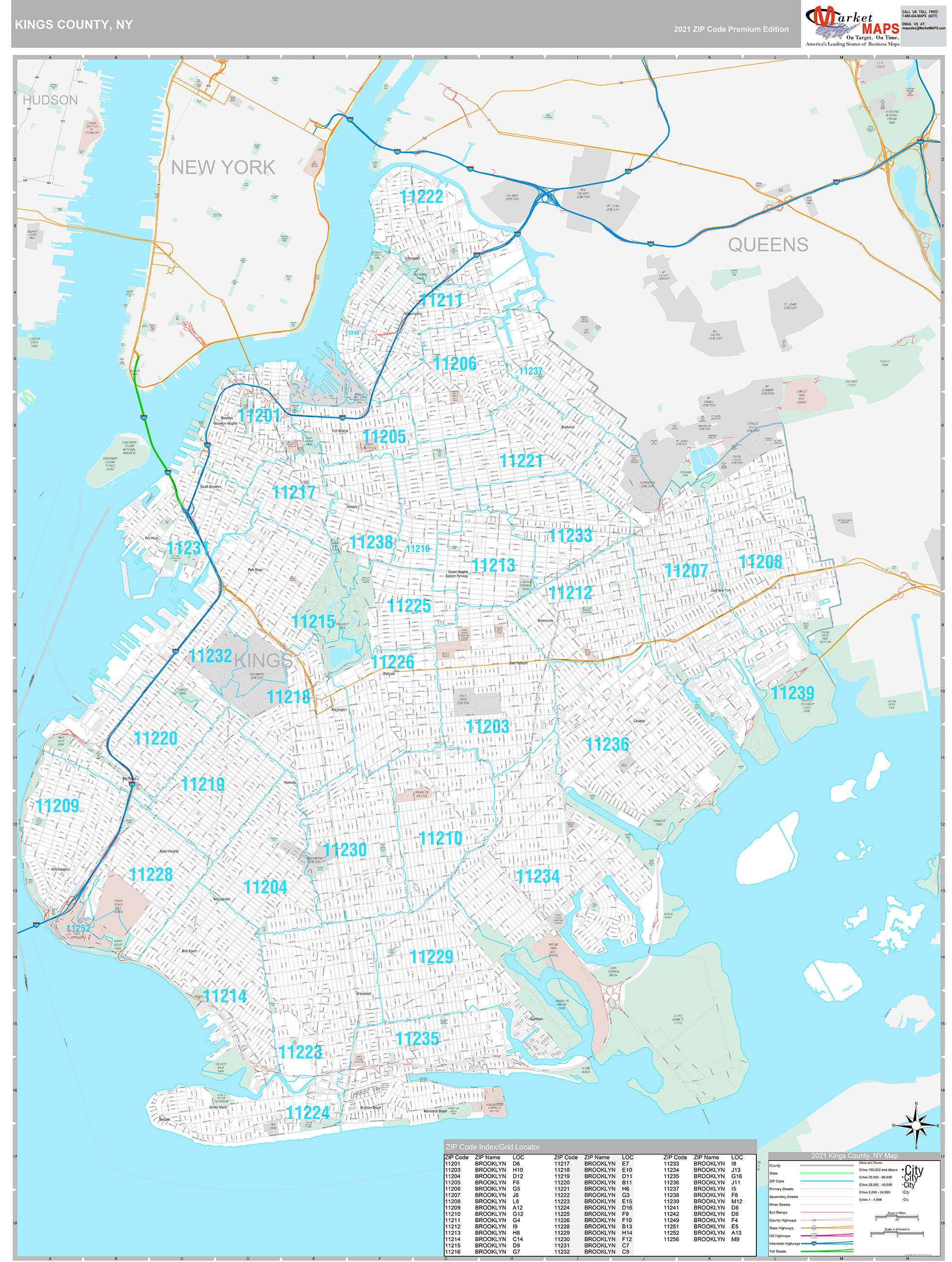Kings County, NY Wall Map Premium Style by MarketMAPS