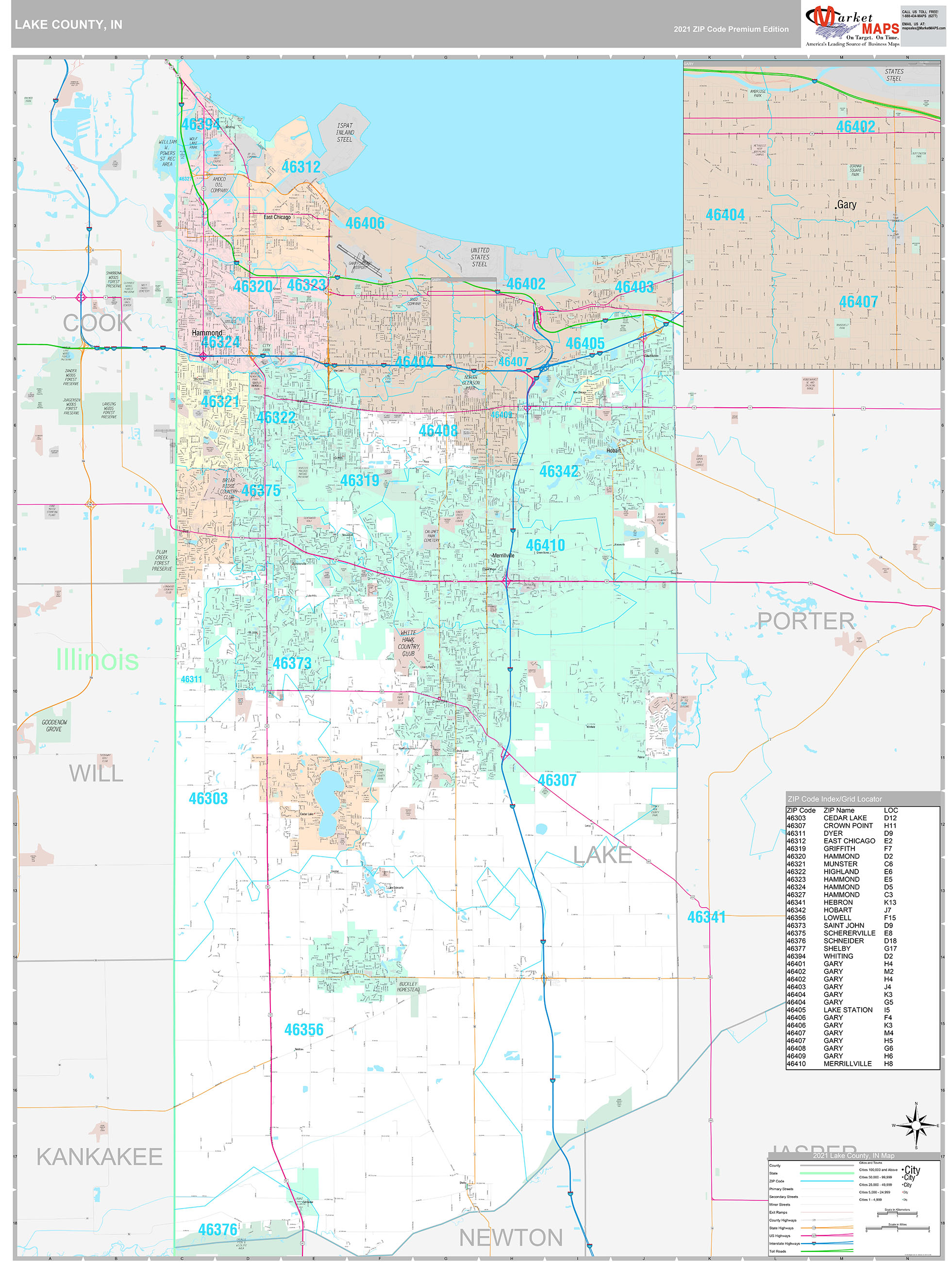 Lake County, IN Wall Map Premium Style by MarketMAPS MapSales