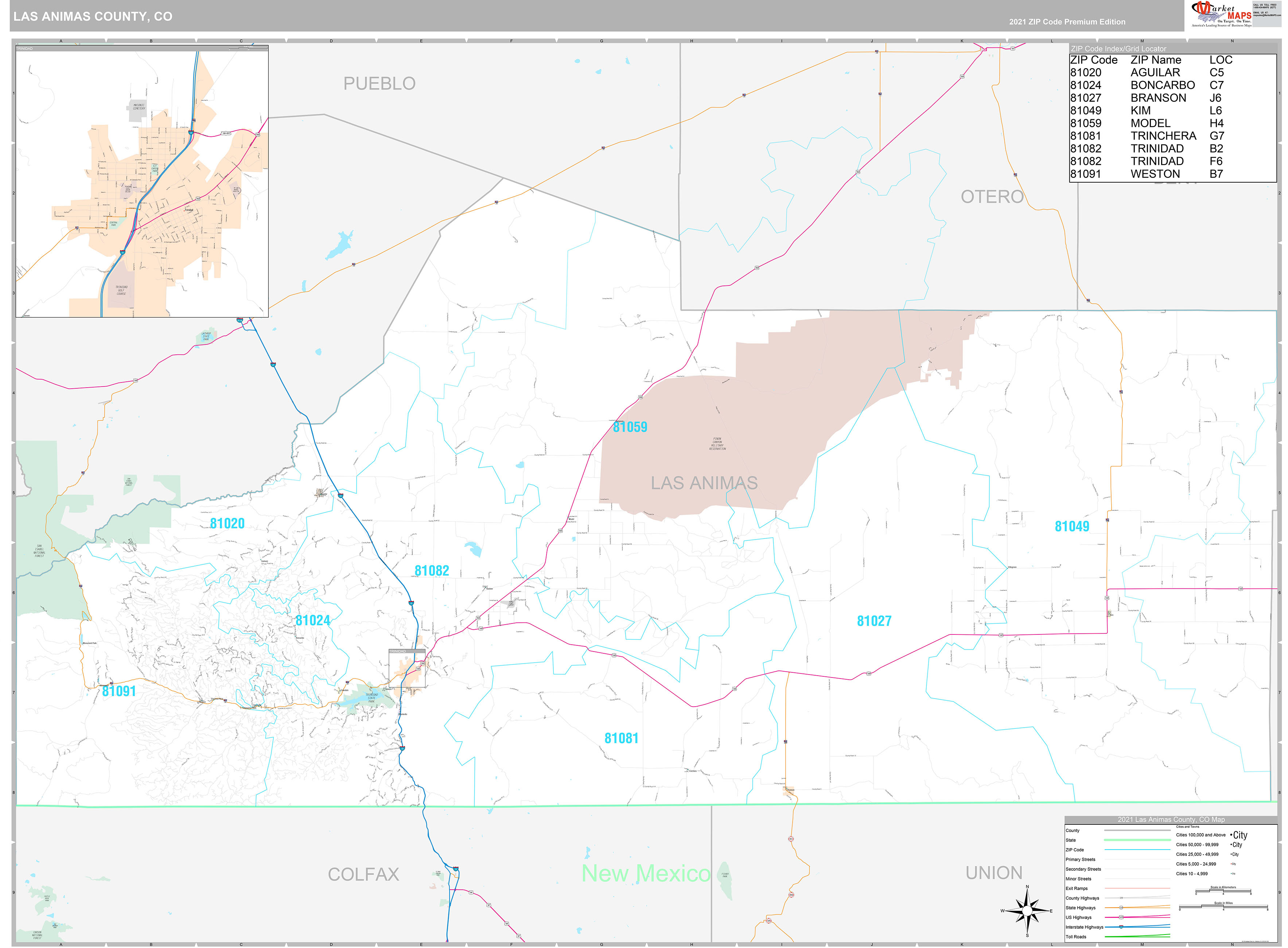 Las Animas County, CO Wall Map Premium Style by MarketMAPS