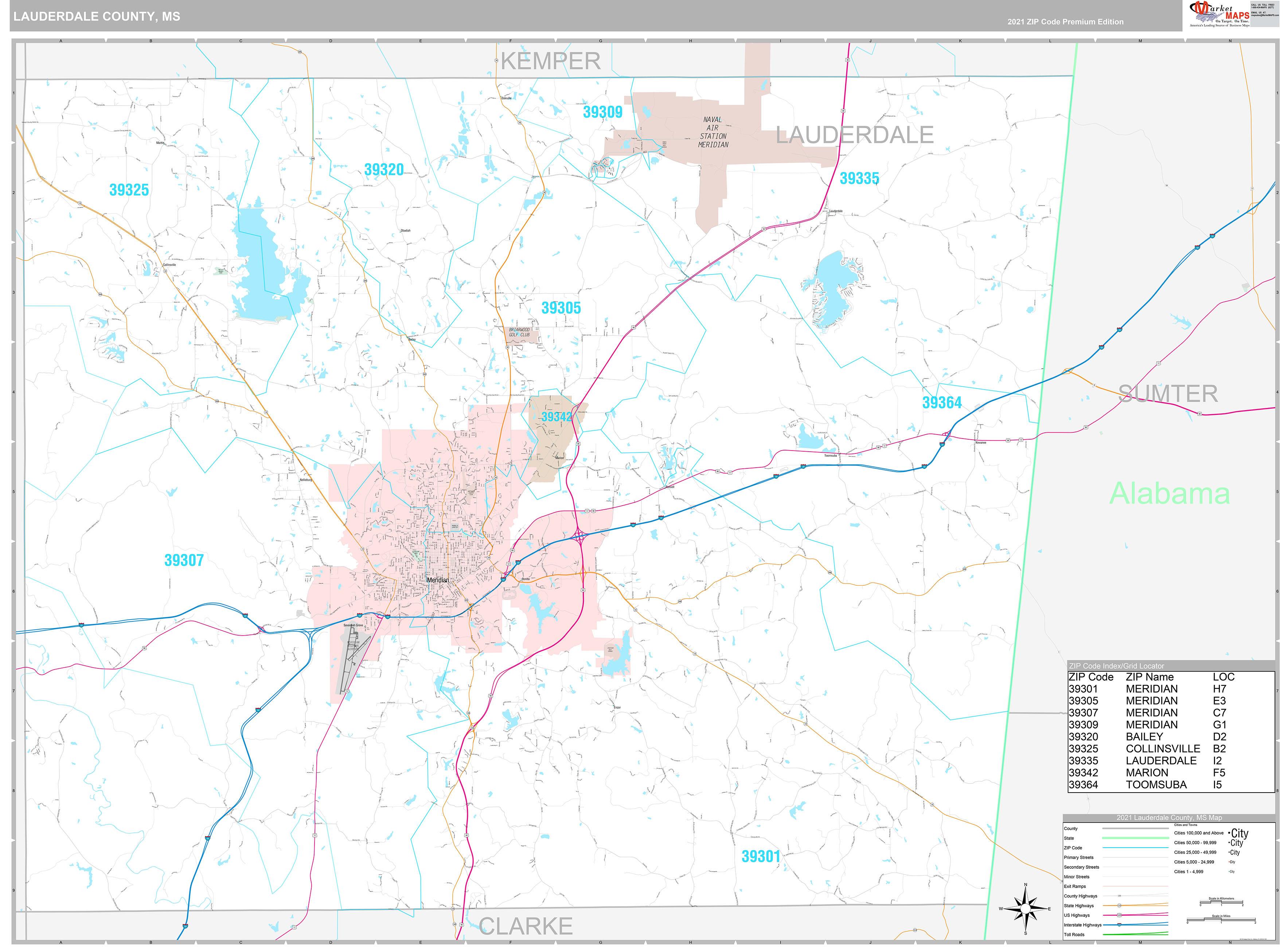 Lauderdale County, MS Wall Map Premium Style by MarketMAPS - MapSales.com