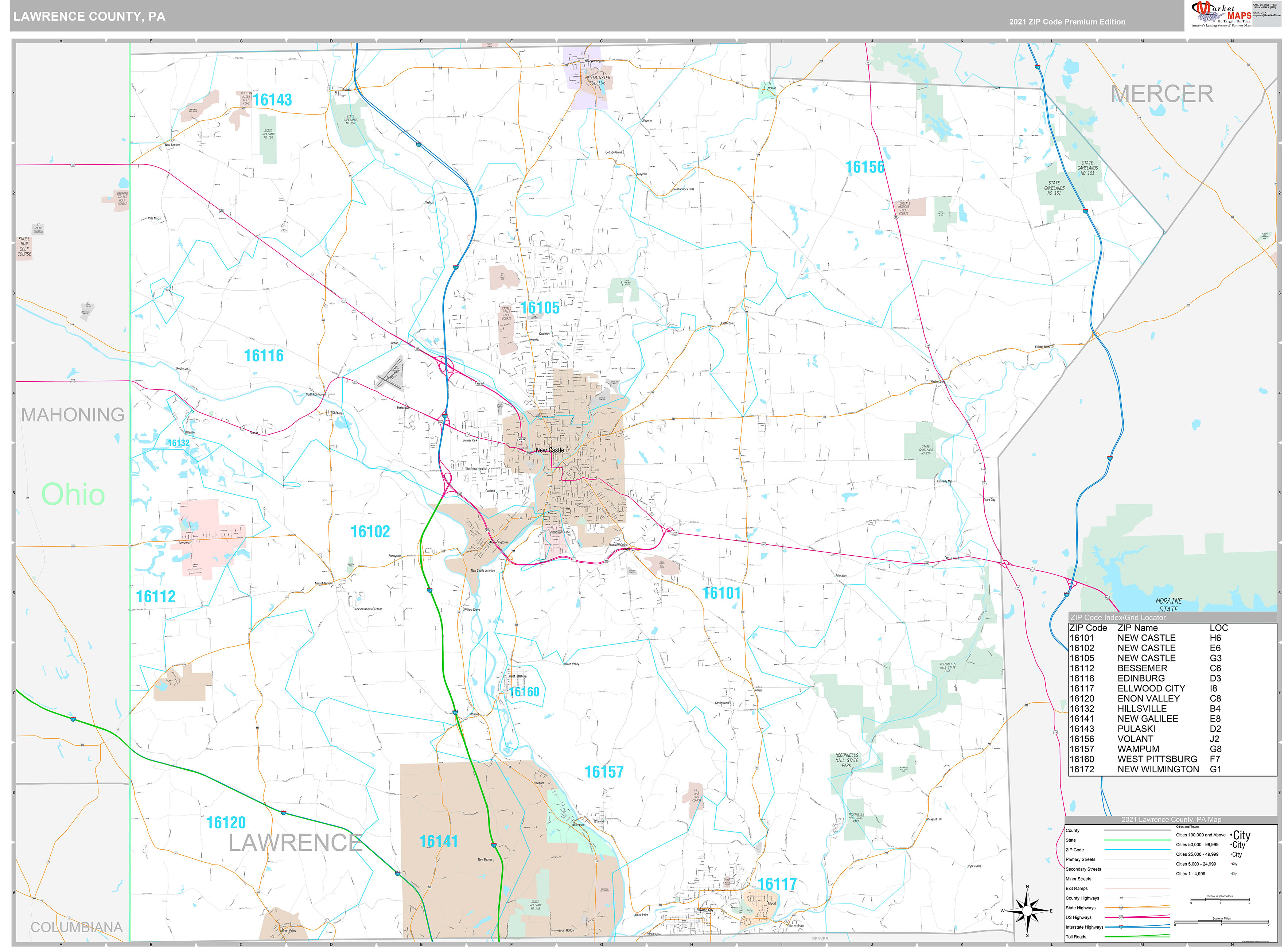Lawrence County PA Wall Map Premium Style by MarketMAPS MapSales