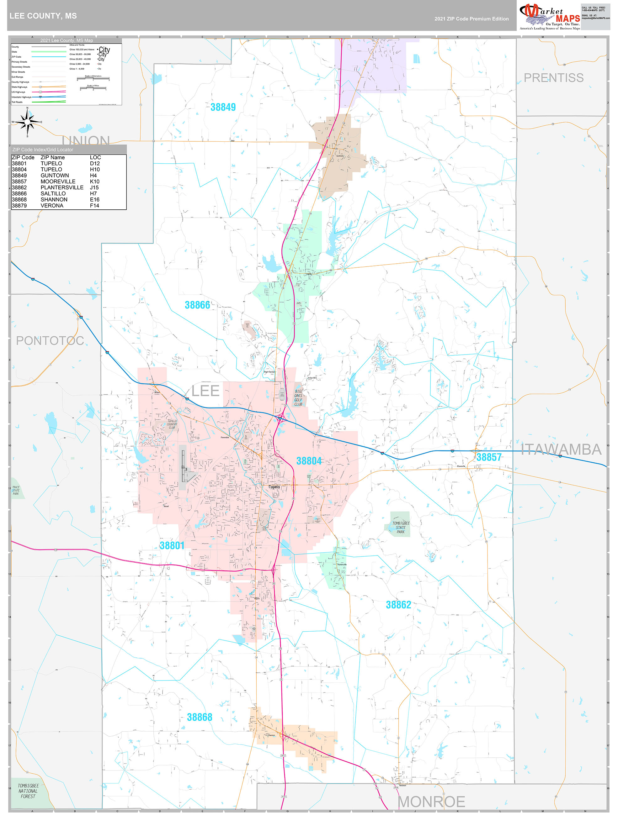 Lee County, MS Wall Map Premium Style by MarketMAPS - MapSales