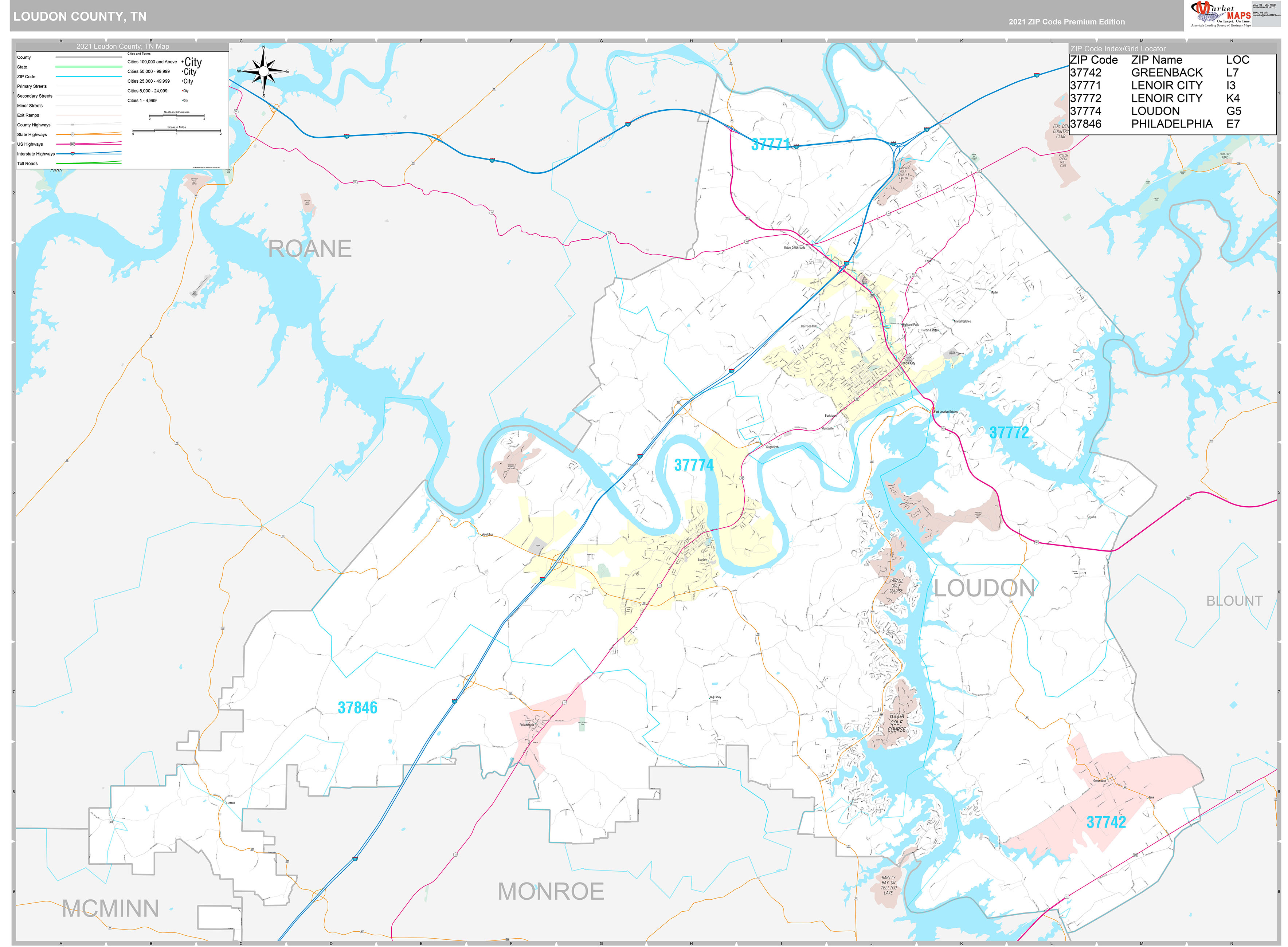 Loudon County TN Wall Map Premium Style By MarketMAPS MapSales Com   Loudon TN 