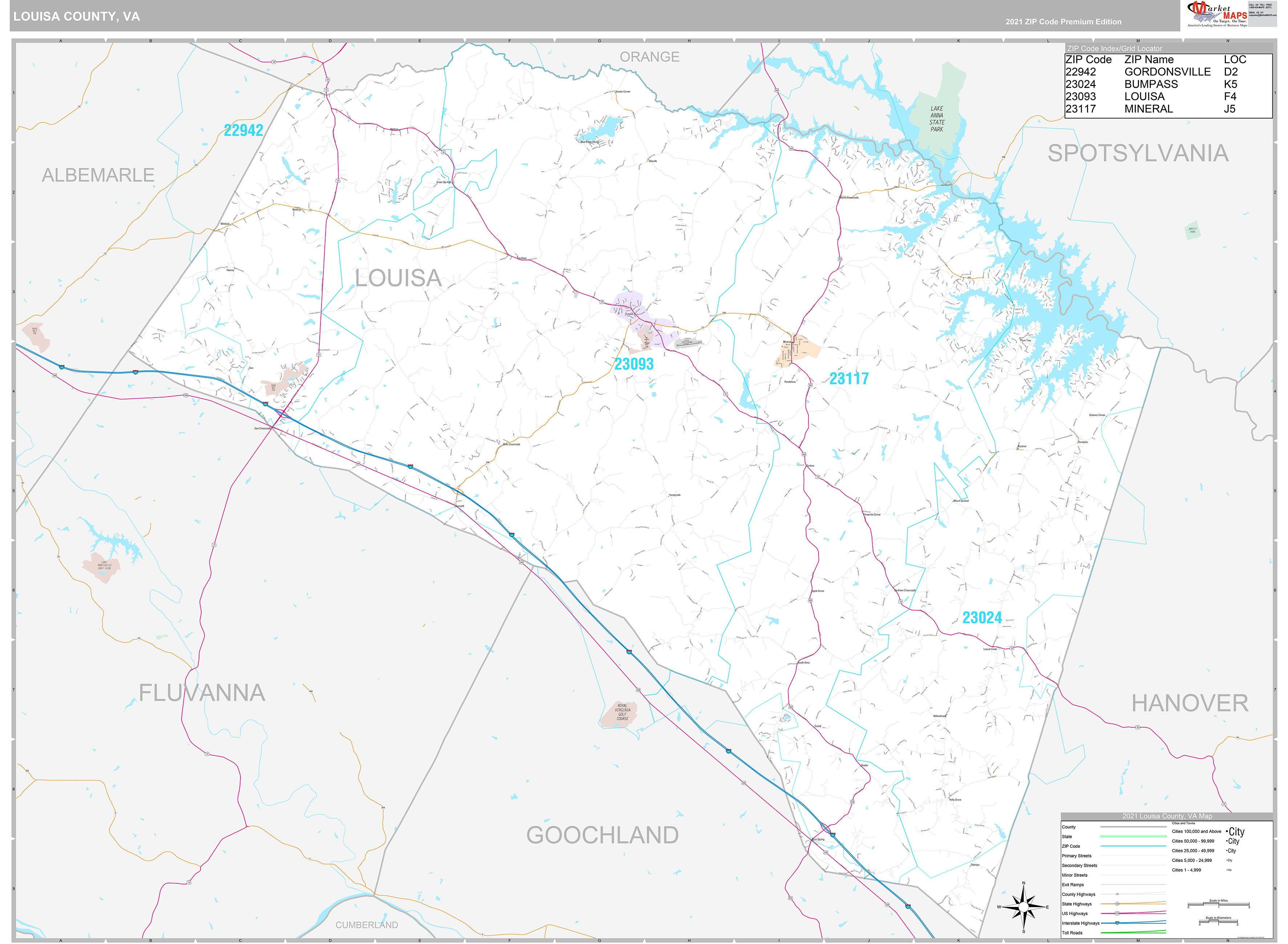 Louisa County, VA Wall Map Premium Style by MarketMAPS MapSales