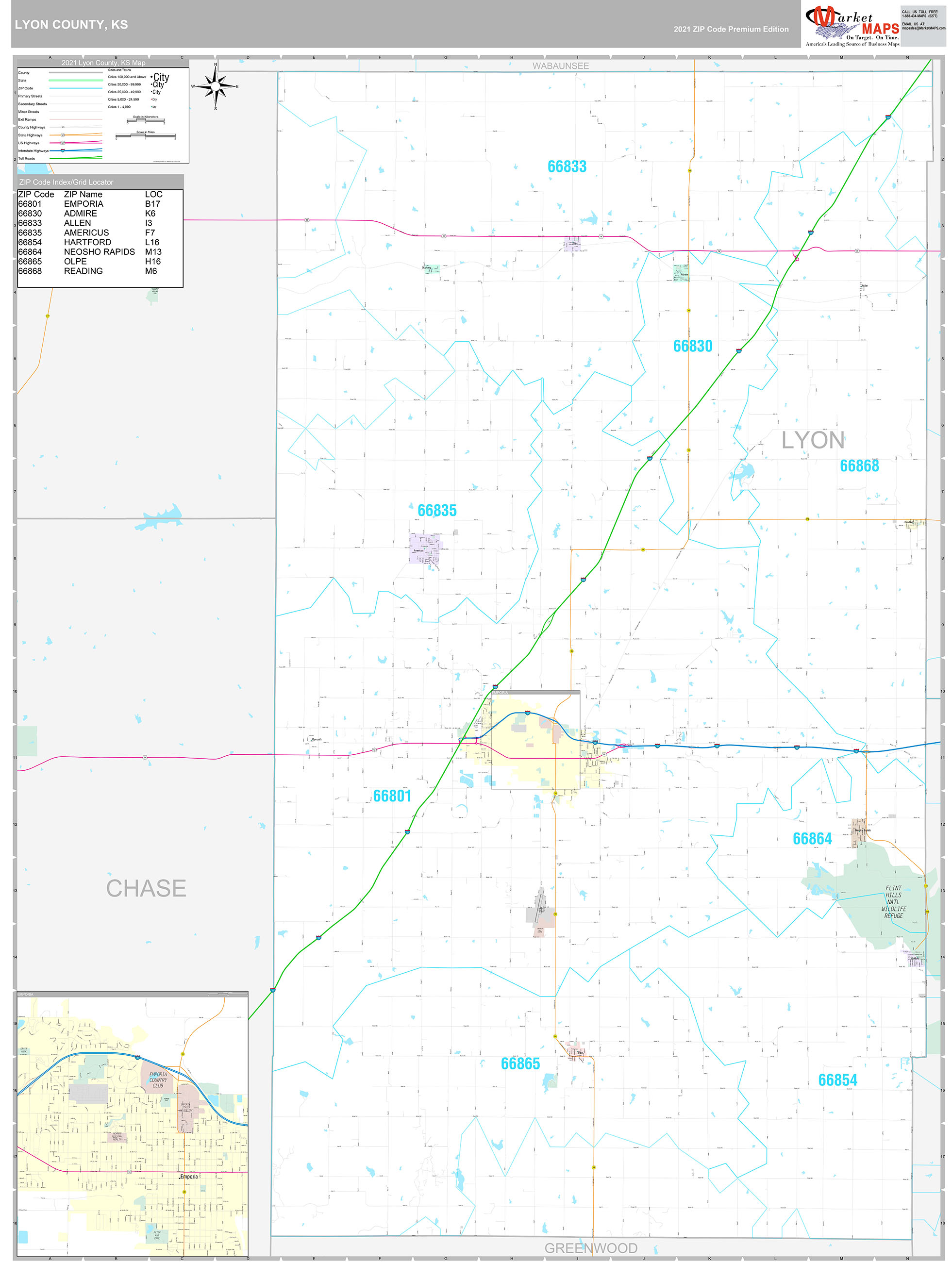 Lyon County, KS Wall Map Premium Style by MarketMAPS MapSales