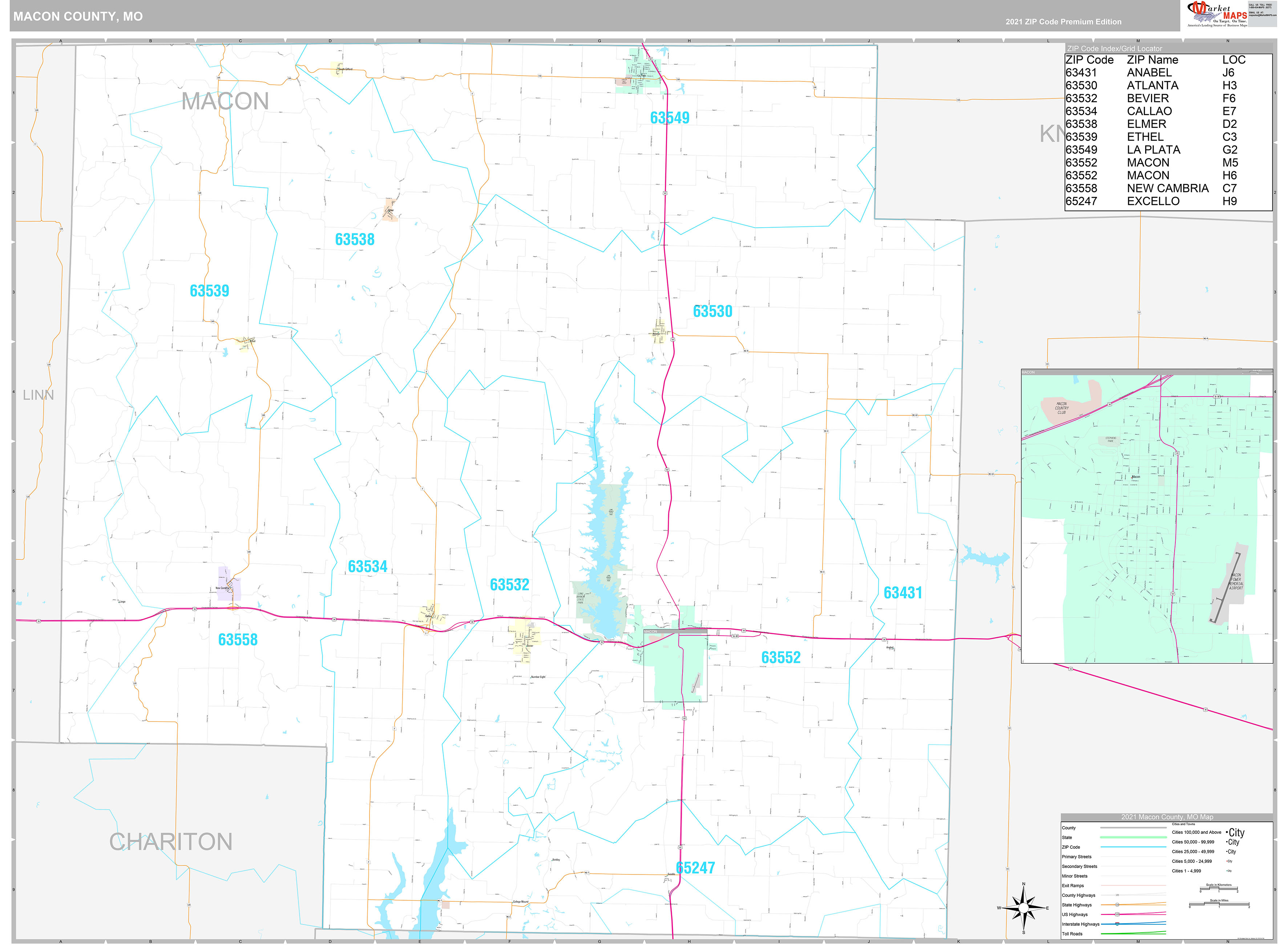 Macon County, MO Wall Map Premium Style by MarketMAPS