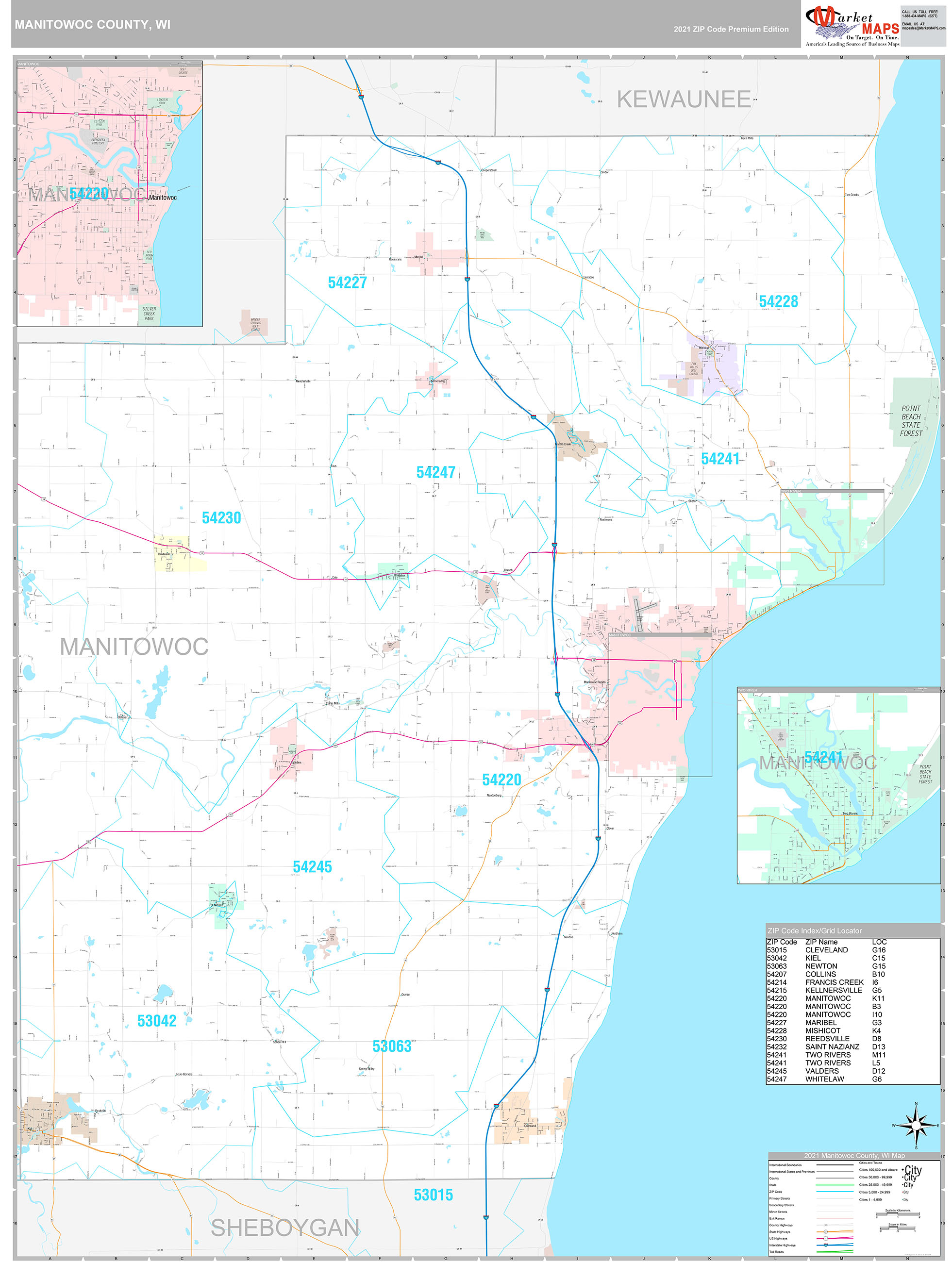 Manitowoc County, WI Wall Map Premium Style by MarketMAPS