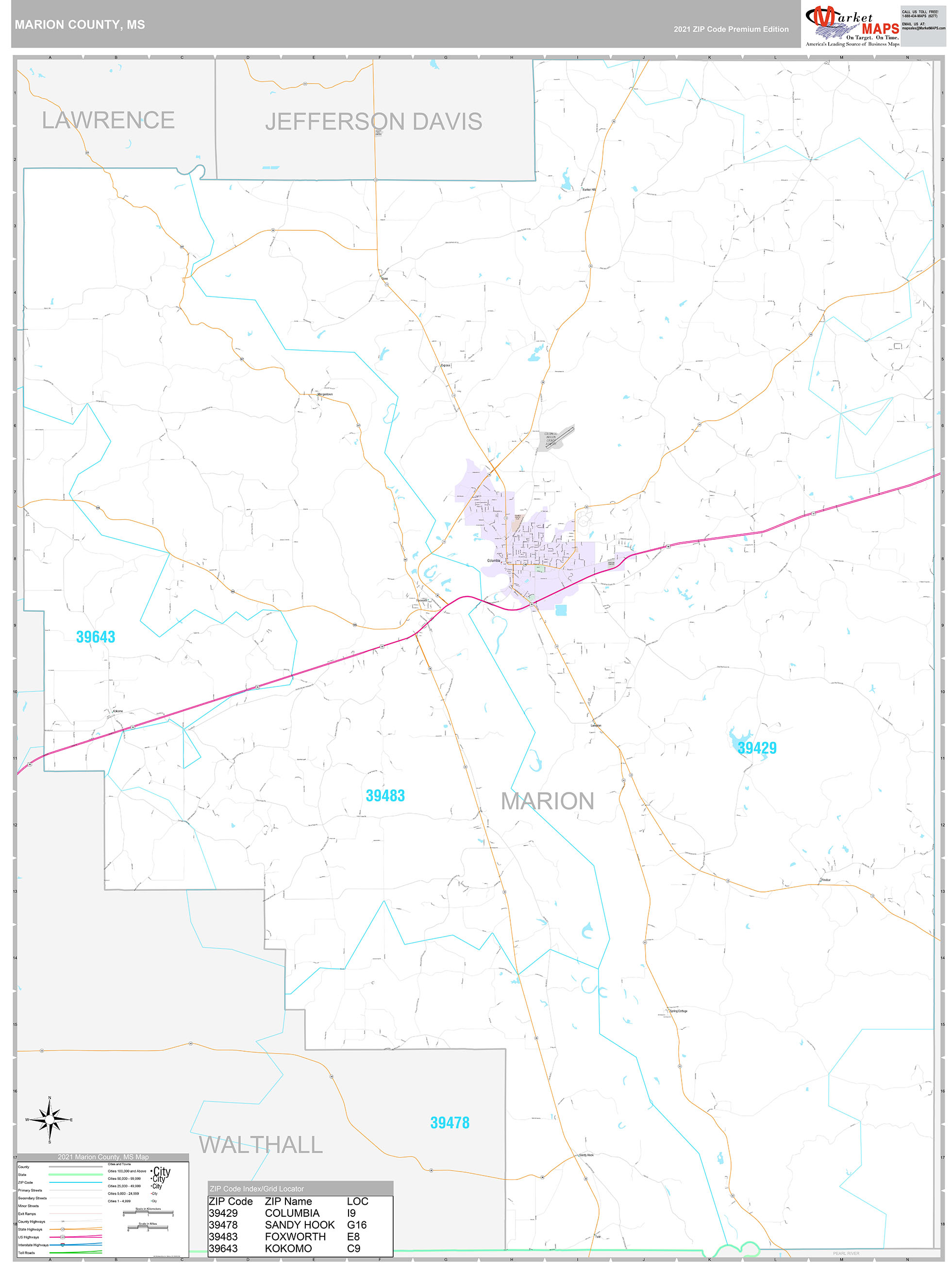 Marion County, MS Wall Map Premium Style by MarketMAPS