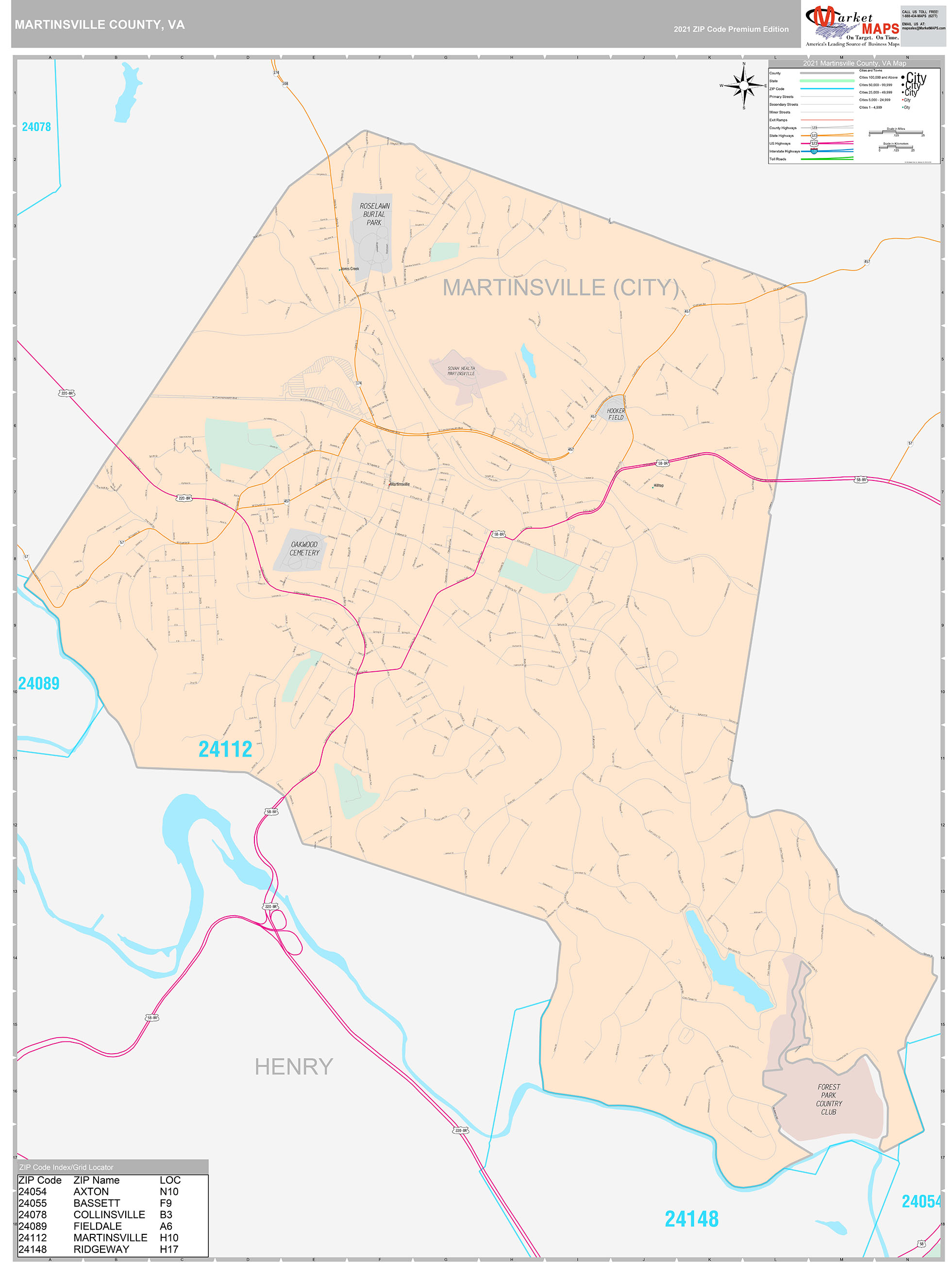 Martinsville County, VA Wall Map Premium Style by MarketMAPS