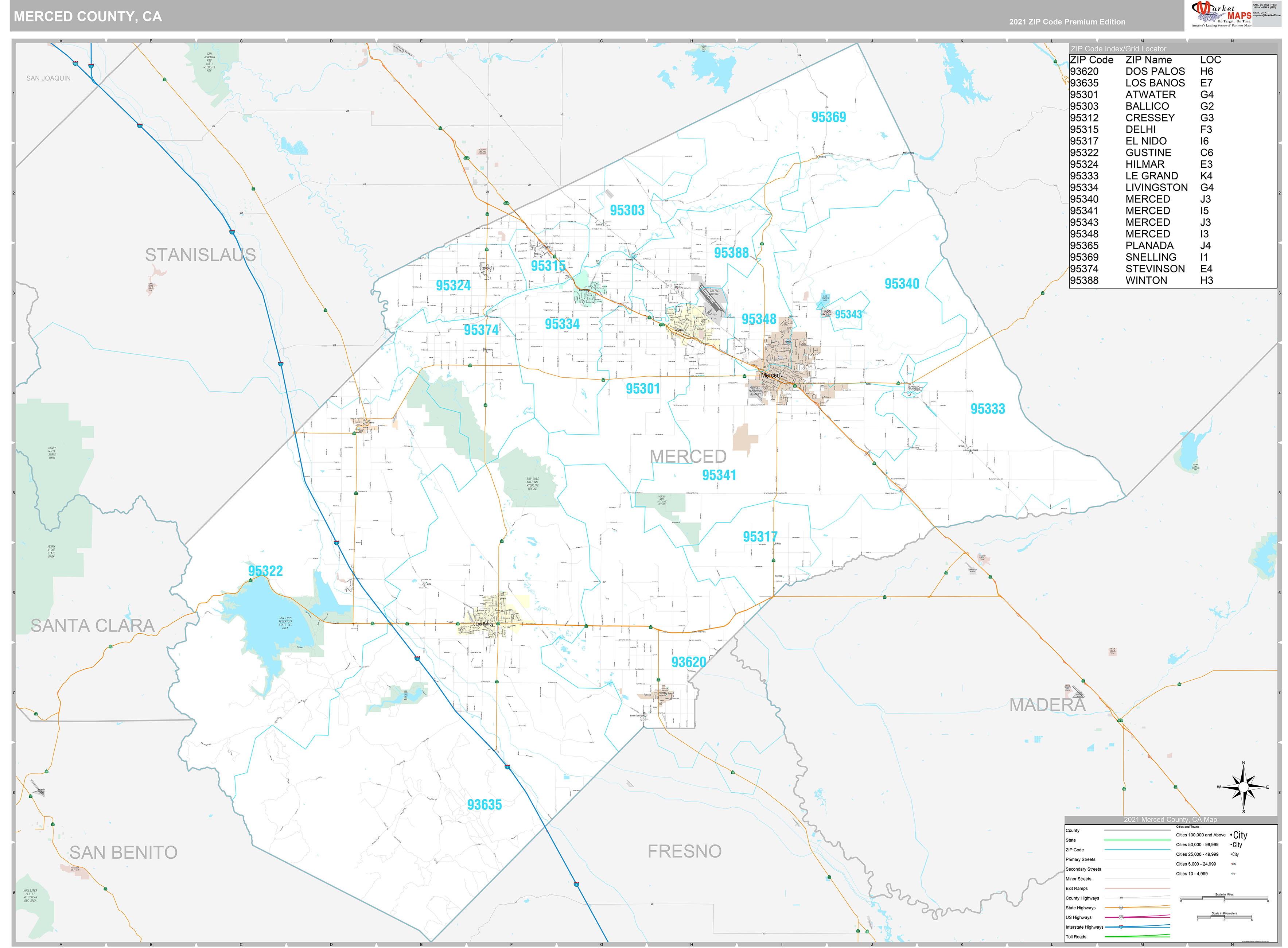 Merced County, CA Wall Map Premium Style by MarketMAPS