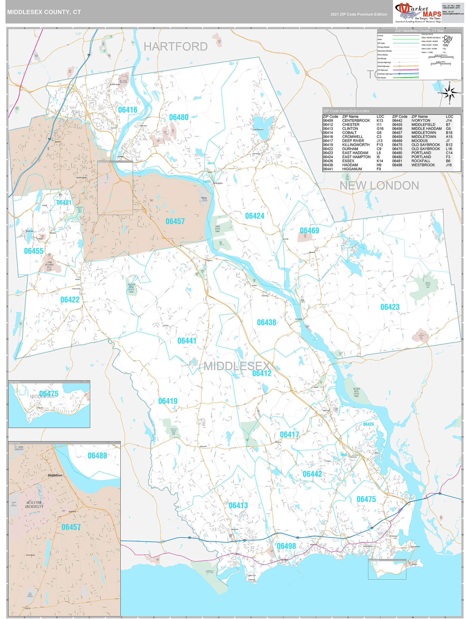 Middlesex County, CT Wall Map Premium Style by MarketMAPS