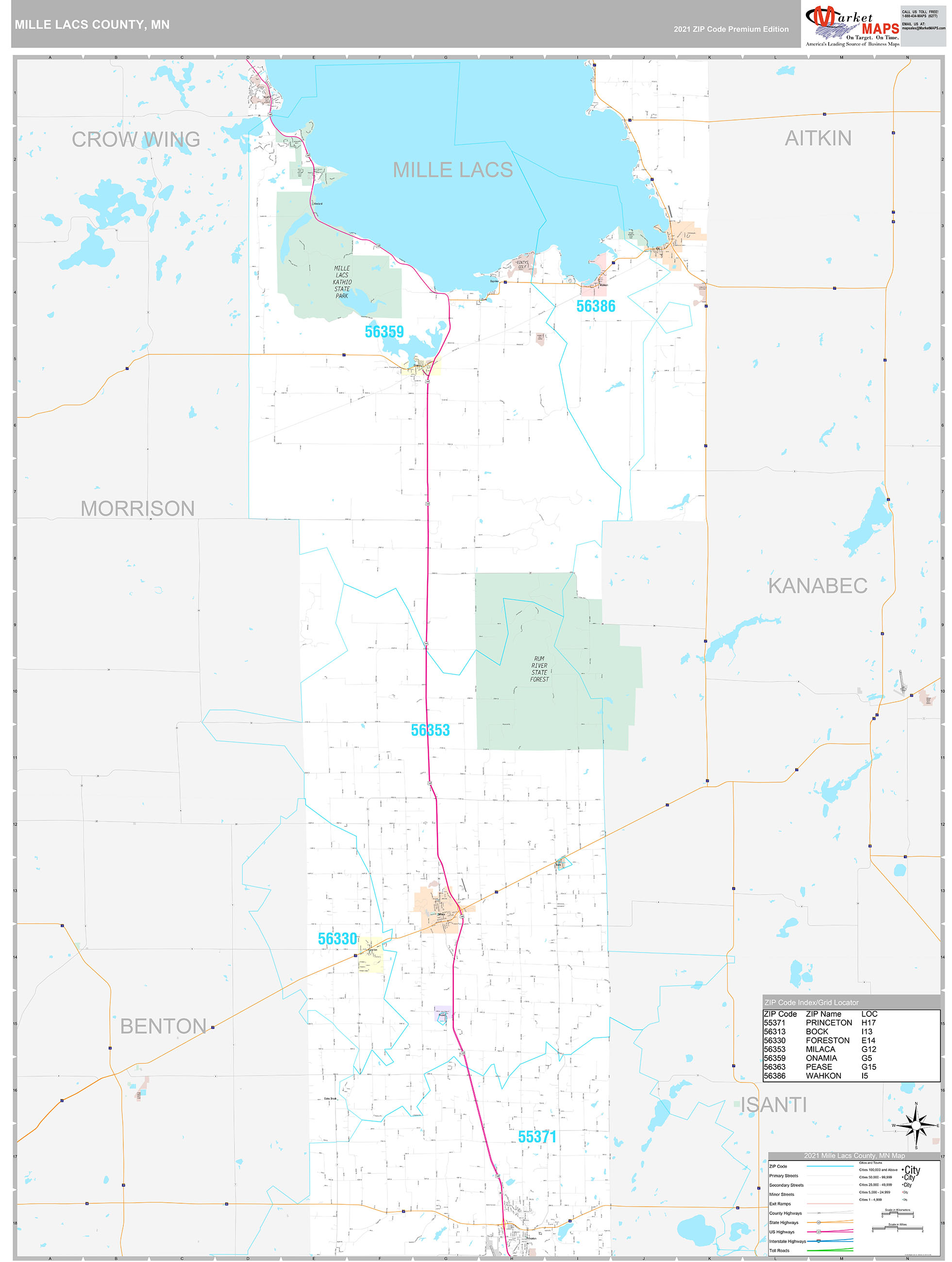 Mille Lacs County, MN Wall Map Premium Style by MarketMAPS