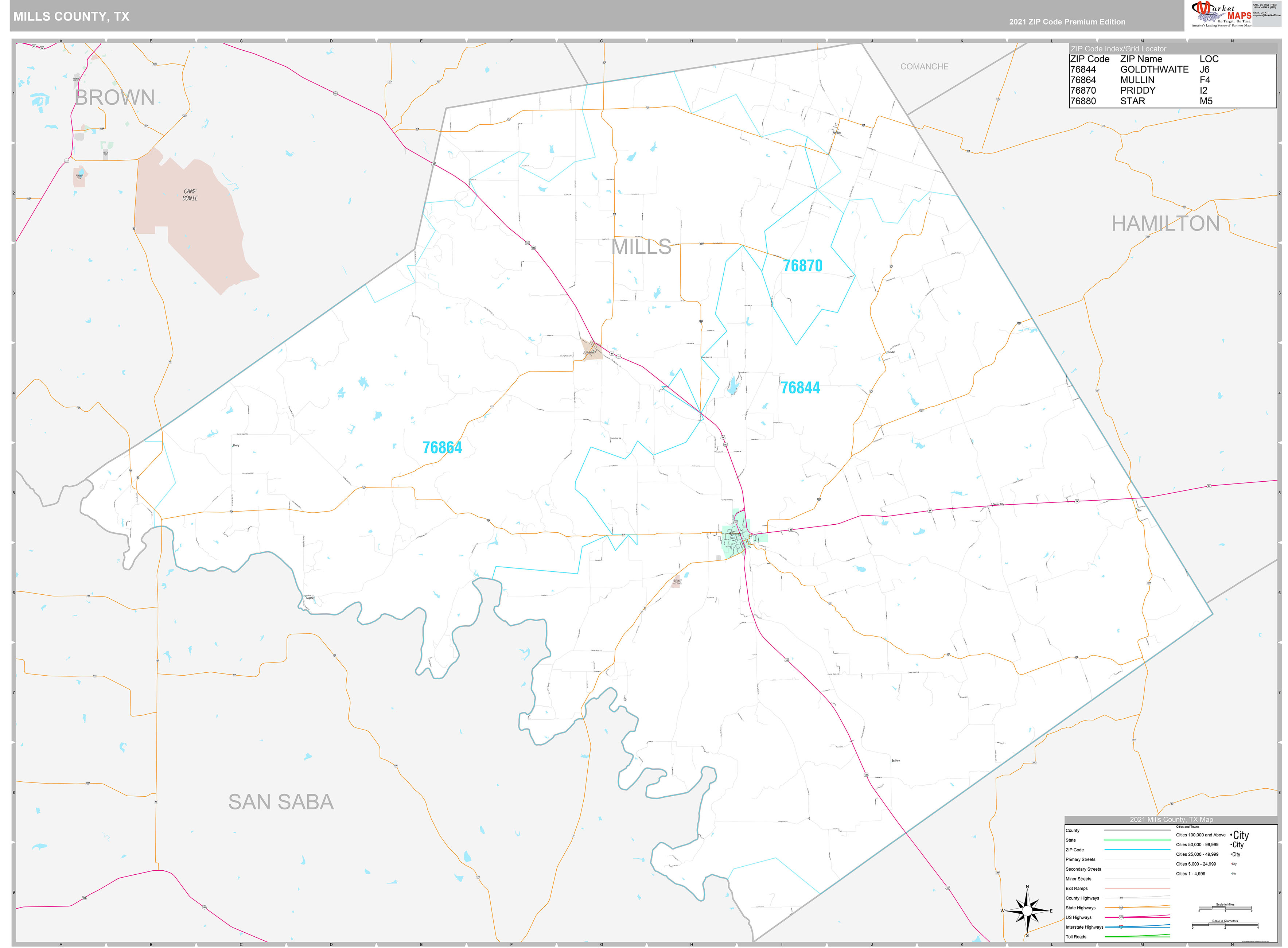 Mills County, TX Wall Map Premium Style by MarketMAPS