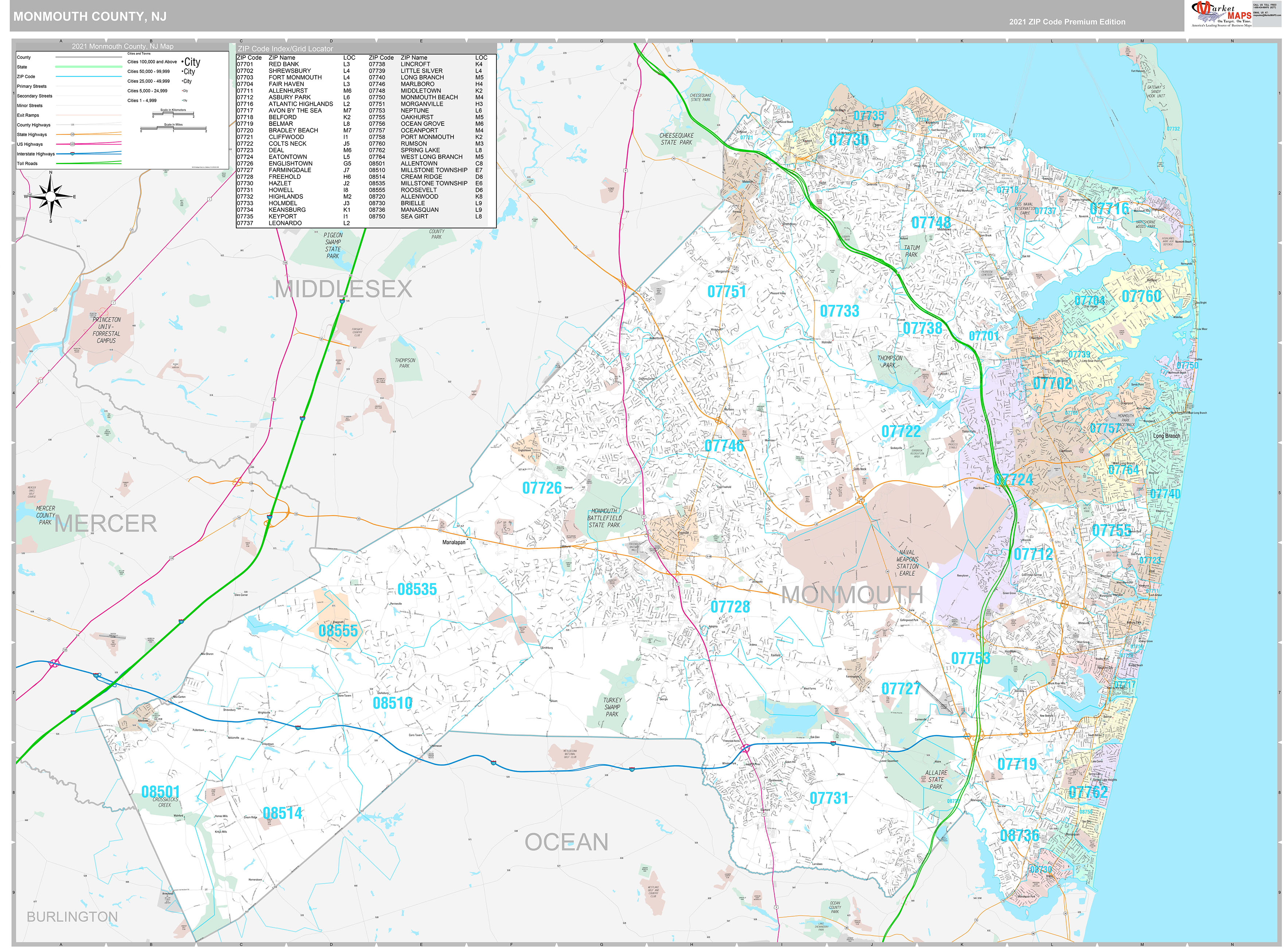 Monmouth County, NJ Wall Map Premium Style by MarketMAPS - MapSales