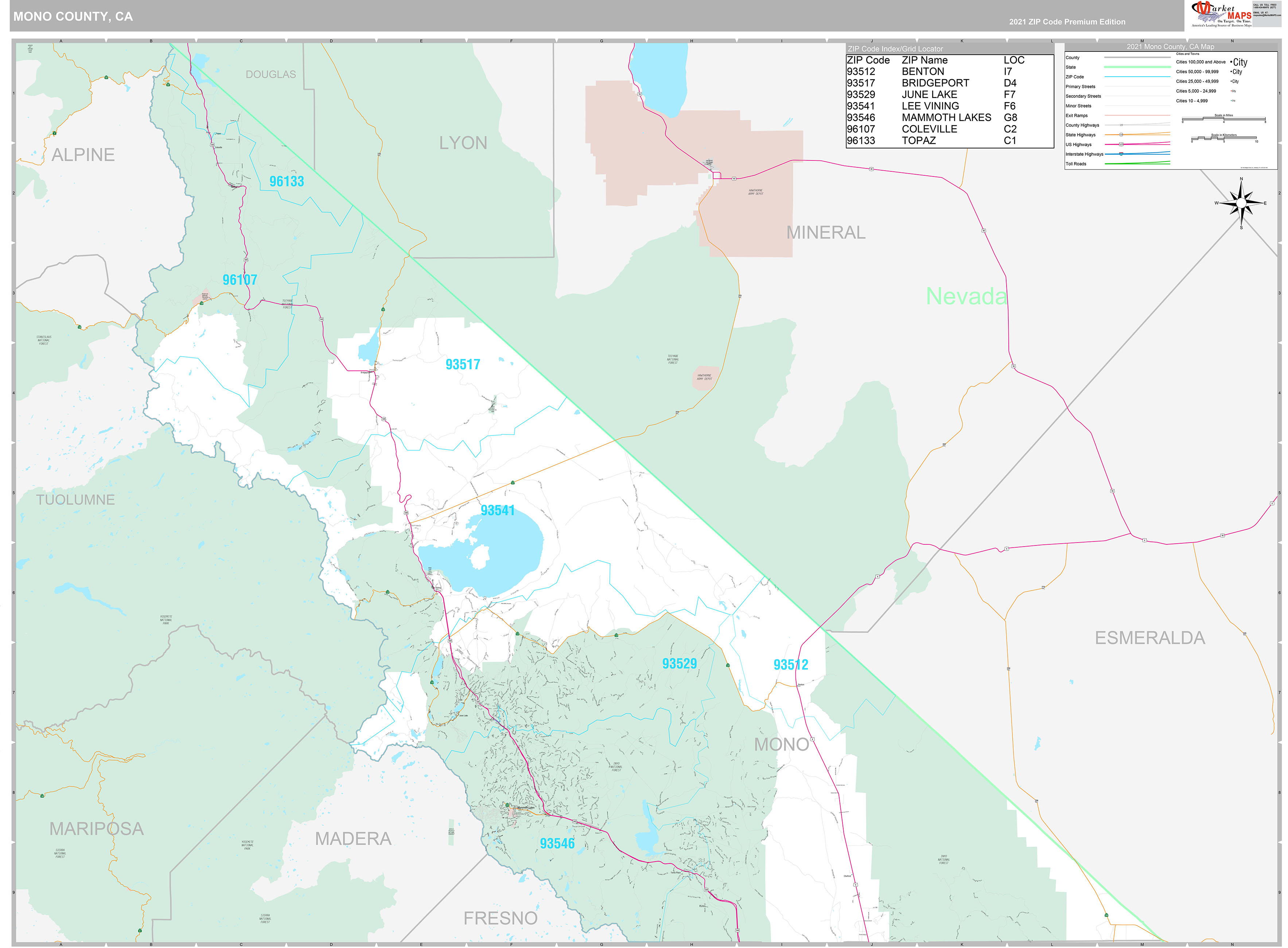 Mono County, CA Wall Map Premium Style by MarketMAPS MapSales