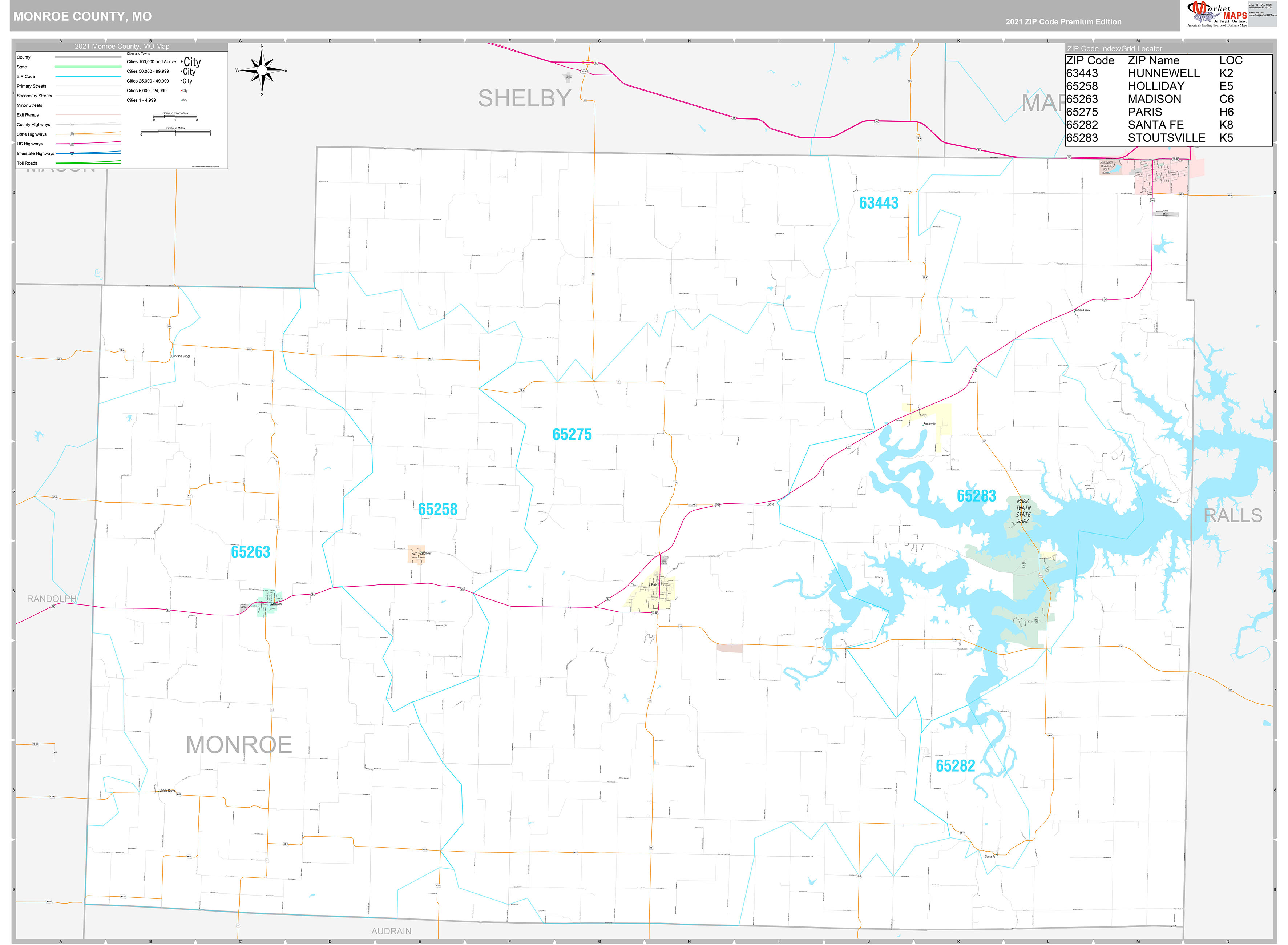 Monroe County, MO Wall Map Premium Style by MarketMAPS MapSales