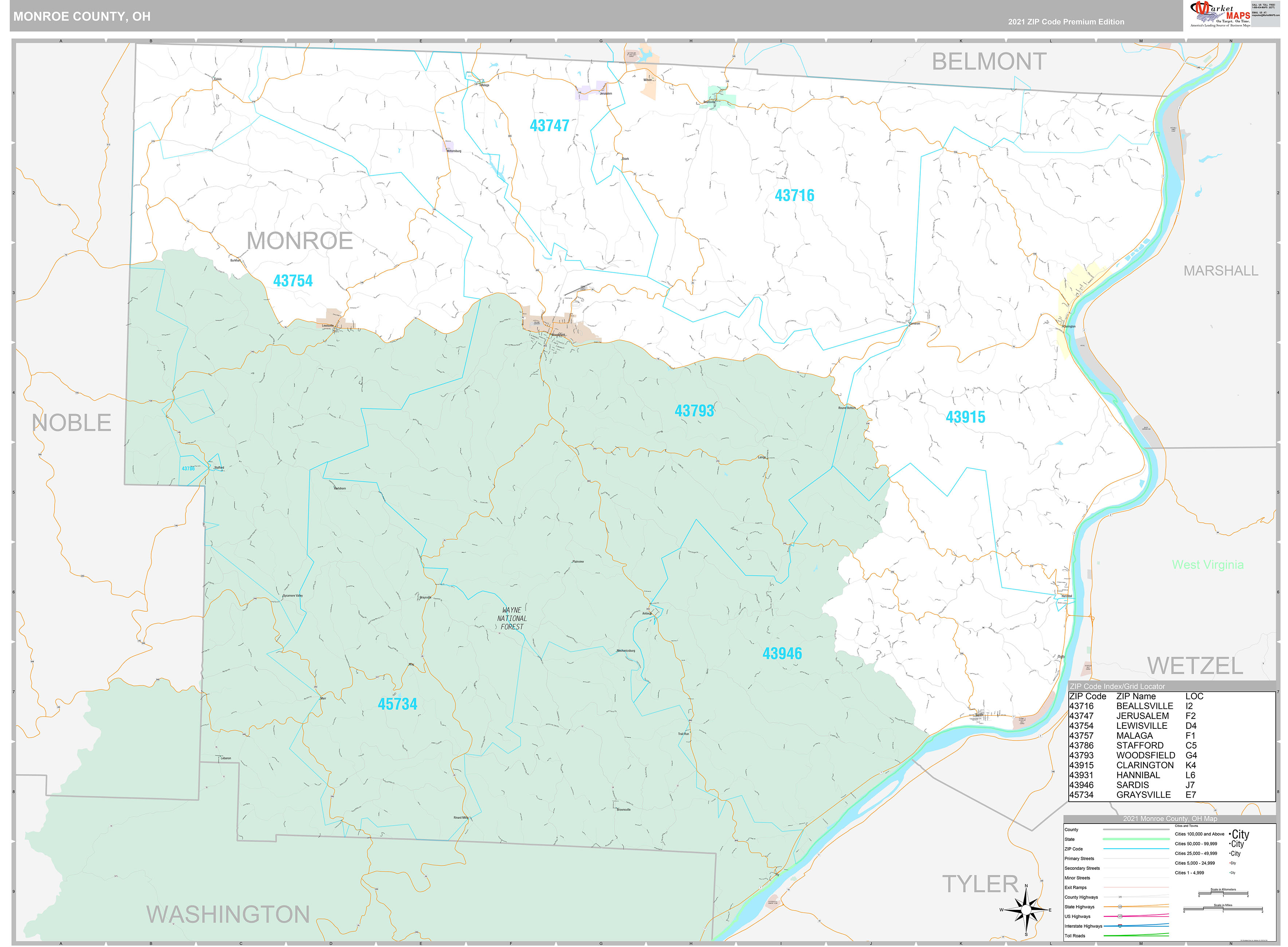 Monroe County, OH Wall Map Premium Style by MarketMAPS