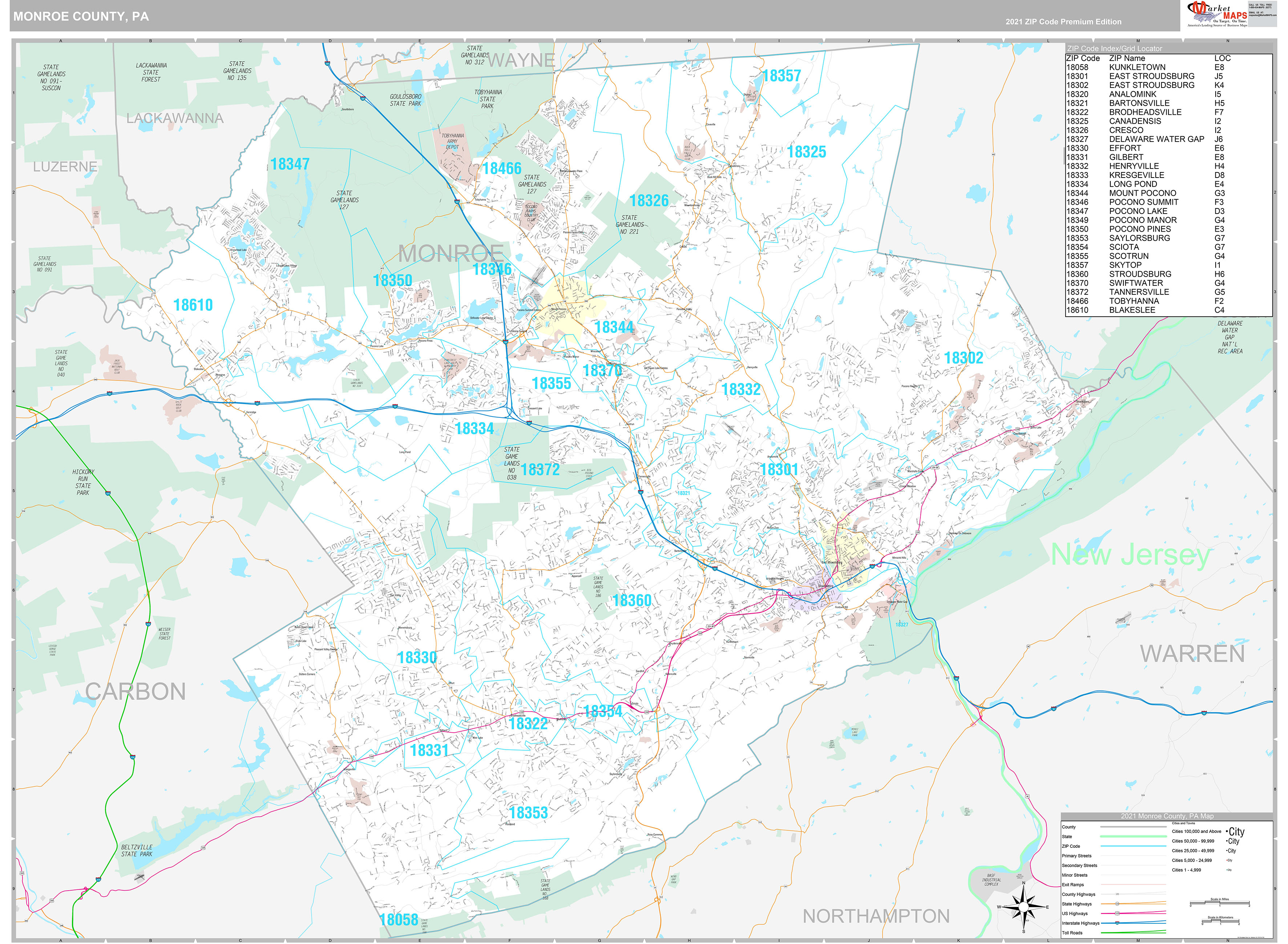 Monroe County, PA Wall Map Premium Style by MarketMAPS - MapSales