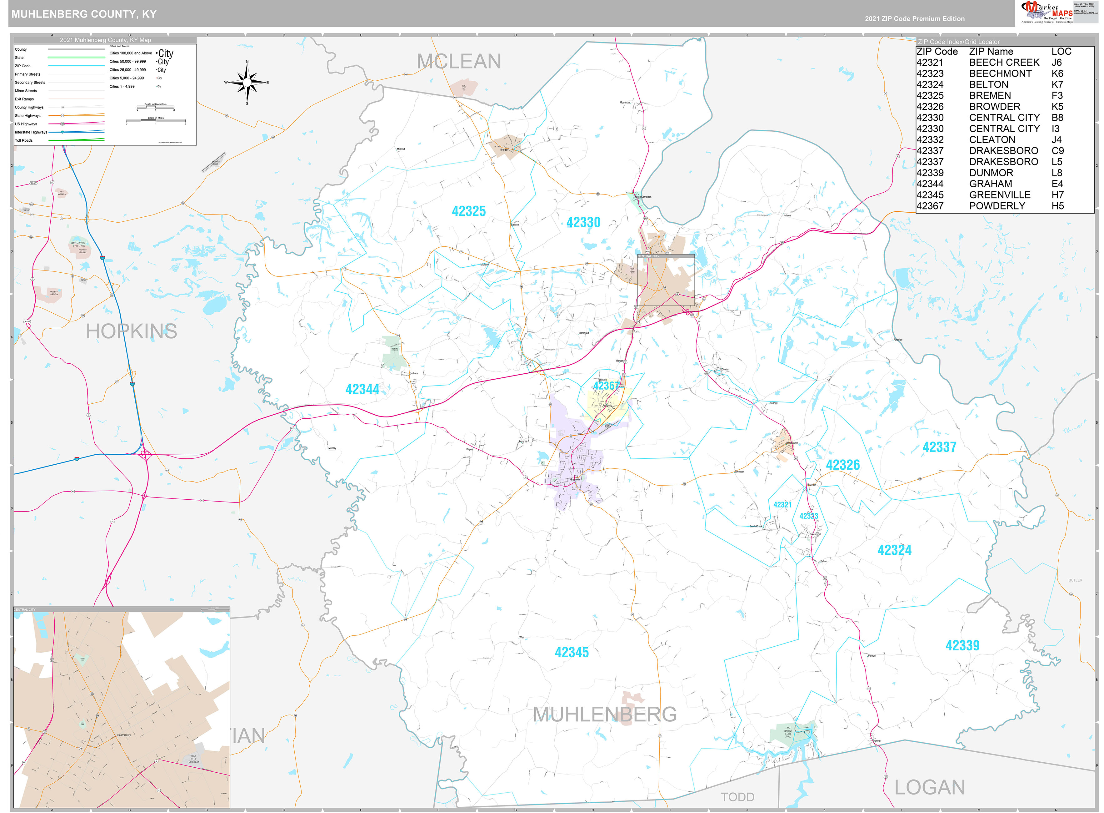 Muhlenberg County, KY Wall Map Premium Style by MarketMAPS