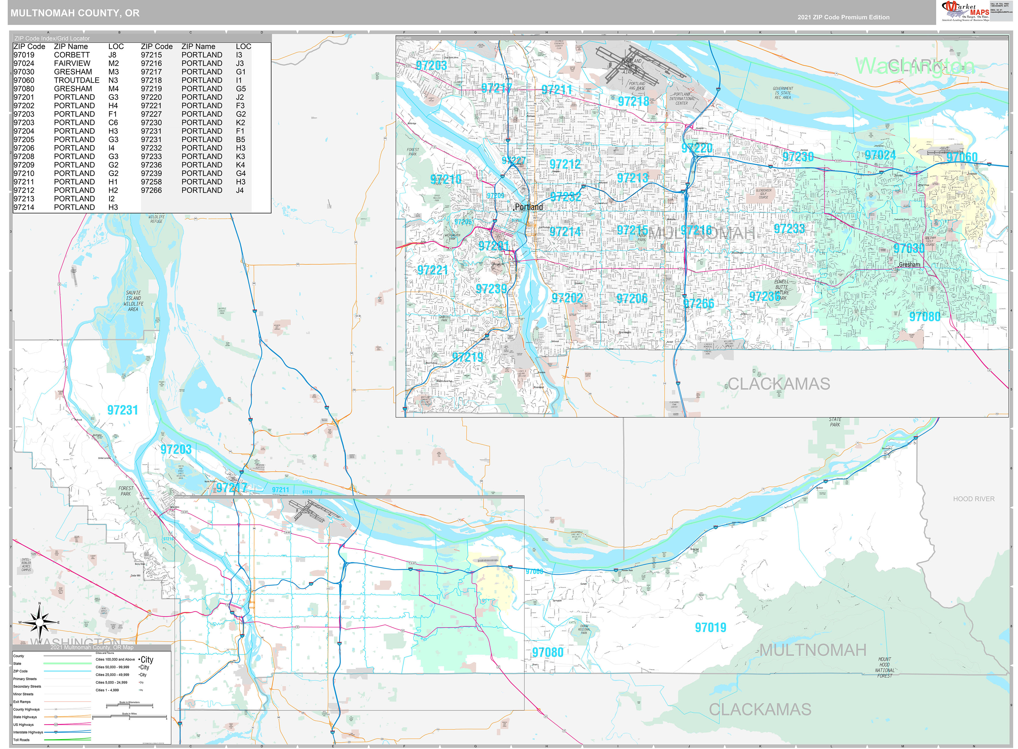 Multnomah County, OR Wall Map Premium Style by MarketMAPS MapSales