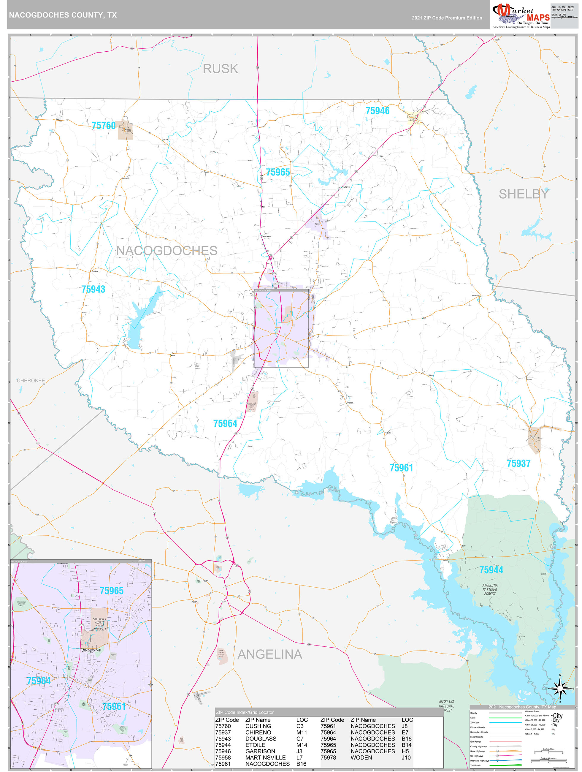 Nacogdoches County, TX Wall Map Premium Style by MarketMAPS