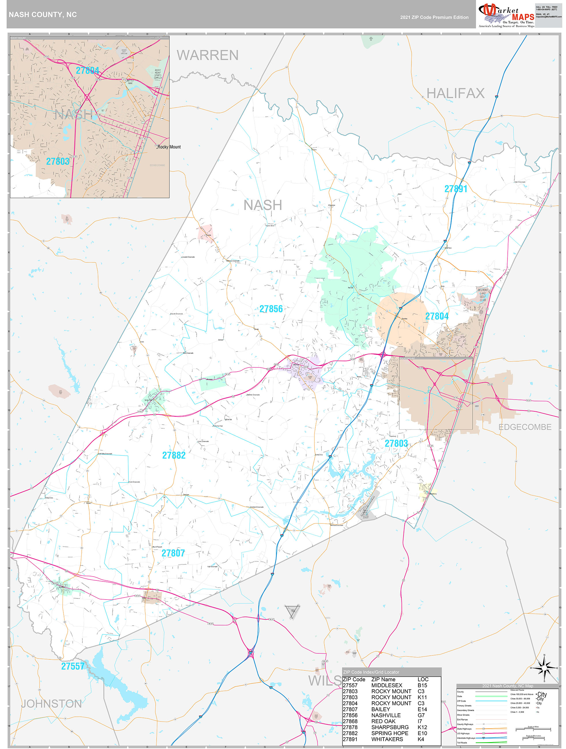 Nash County, NC Wall Map Premium Style by MarketMAPS