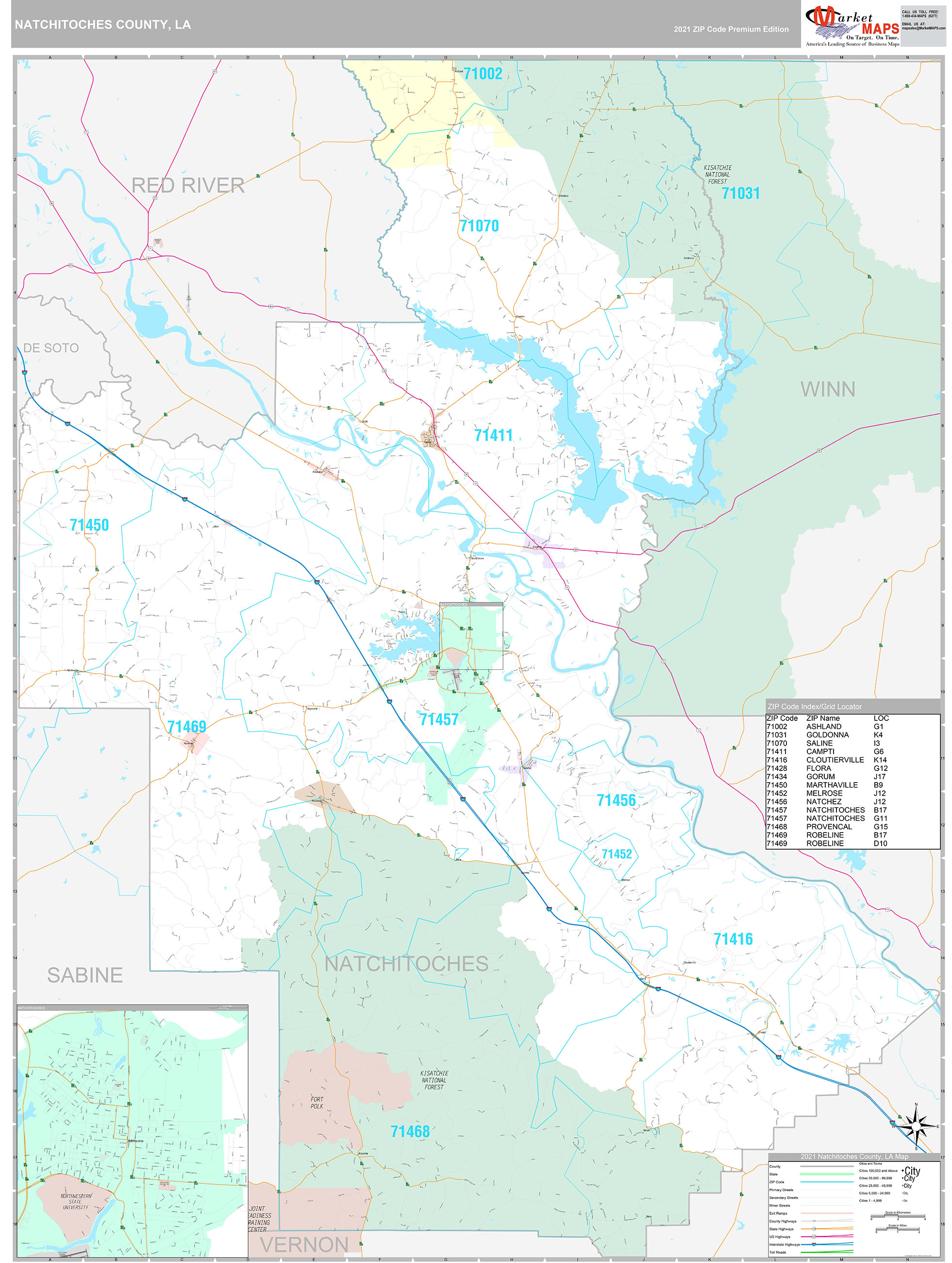 Natchitoches County, LA Wall Map Premium Style by MarketMAPS