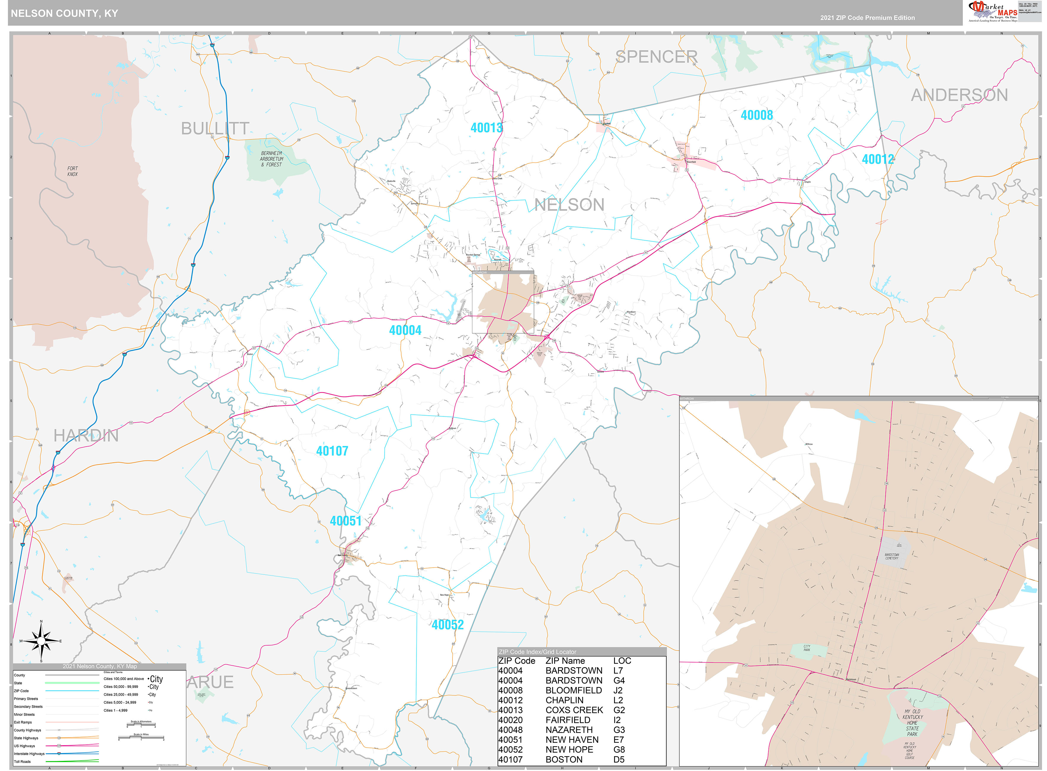 Nelson County, KY Wall Map Premium Style by MarketMAPS