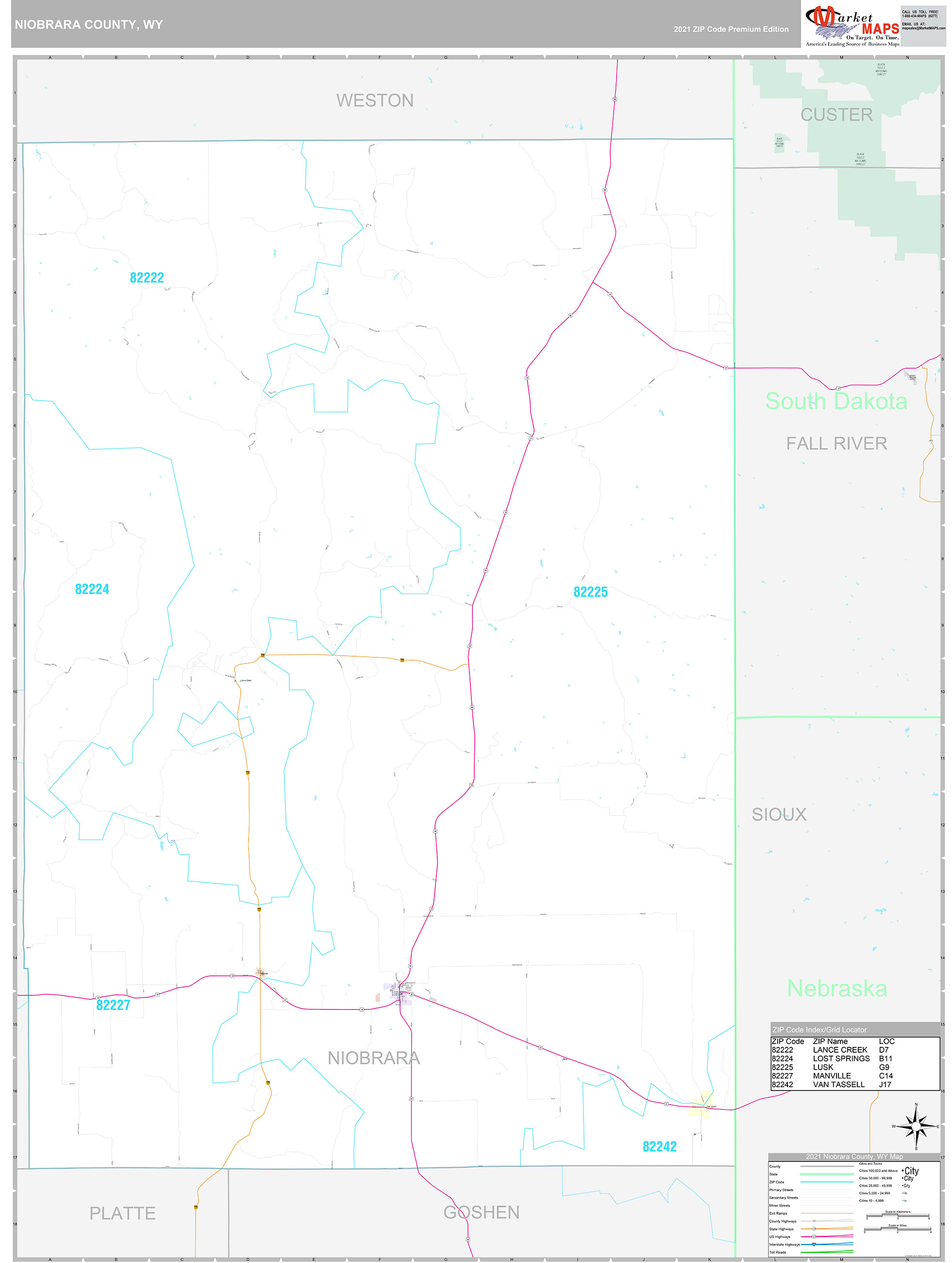 Niobrara County, WY Wall Map Premium Style by MarketMAPS