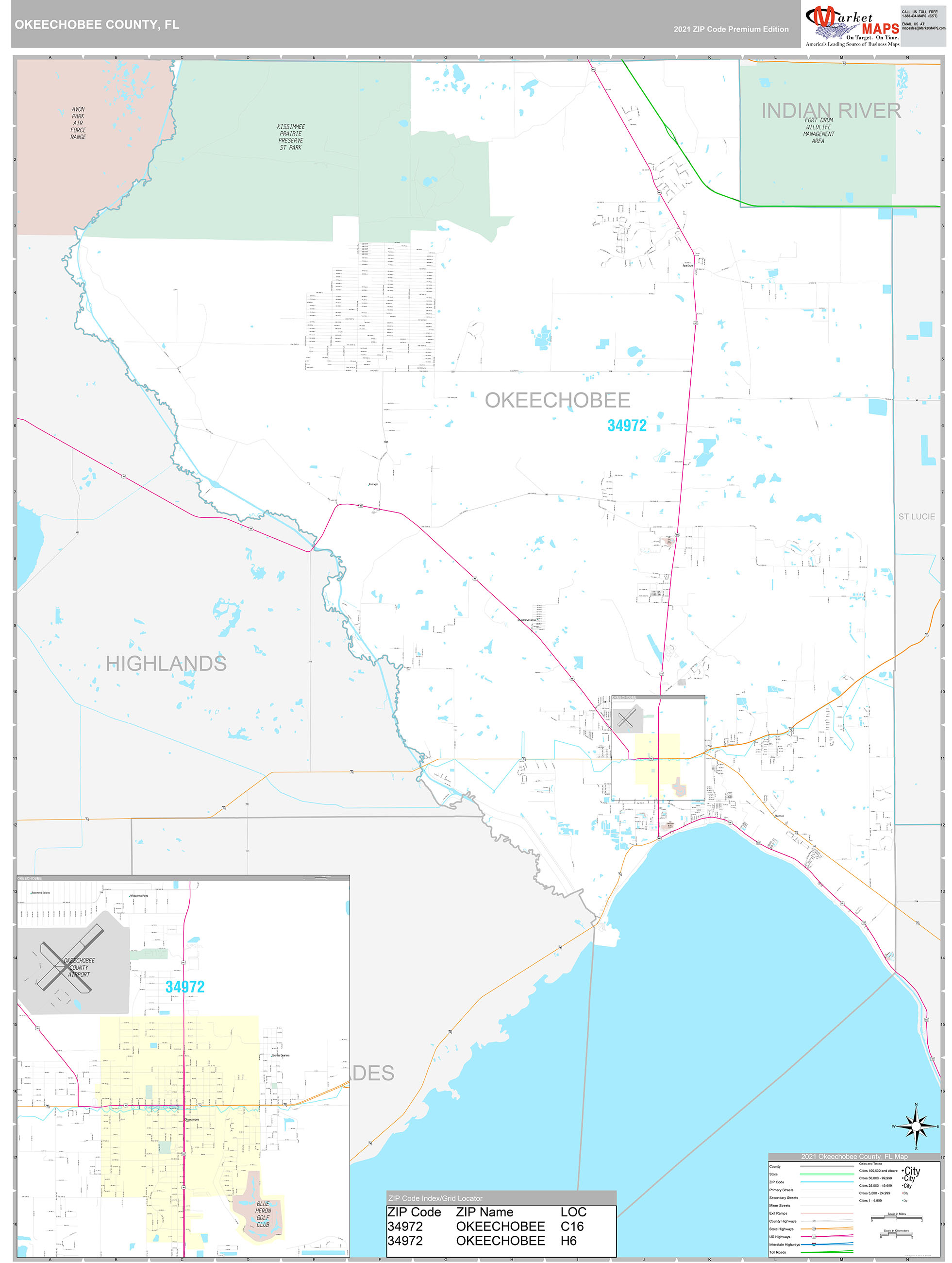 Okeechobee County, FL Wall Map Premium Style by MarketMAPS