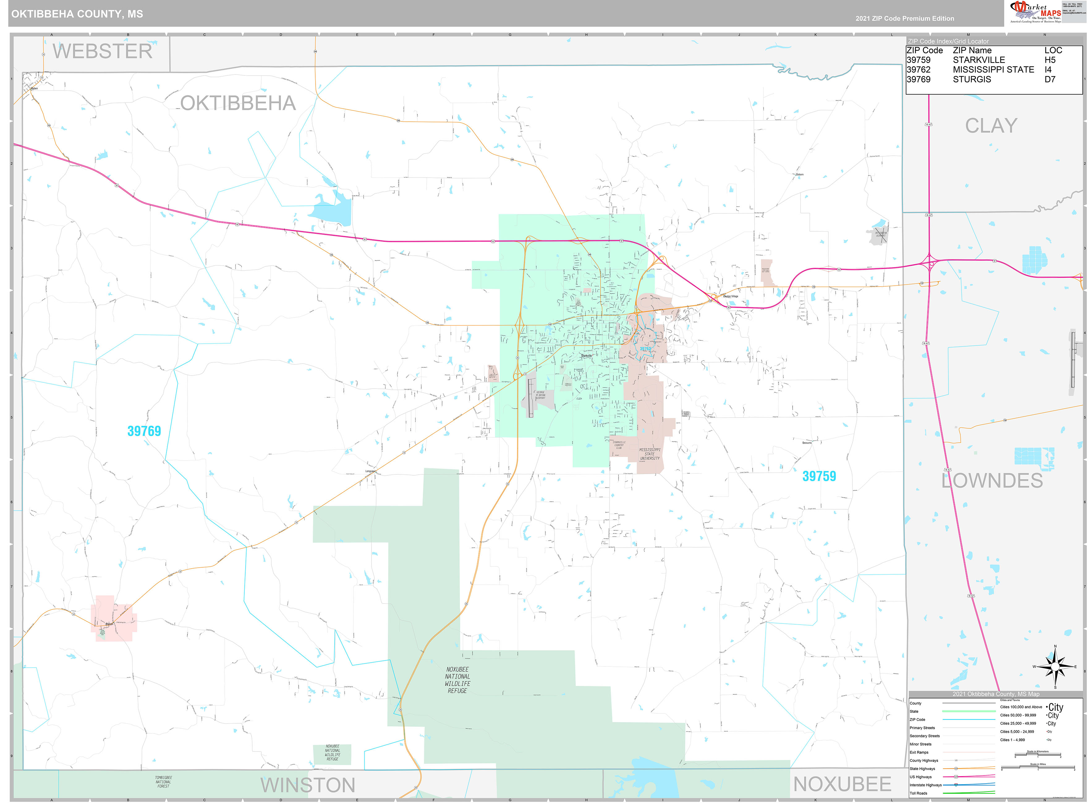 Oktibbeha County, MS Wall Map Premium Style by MarketMAPS