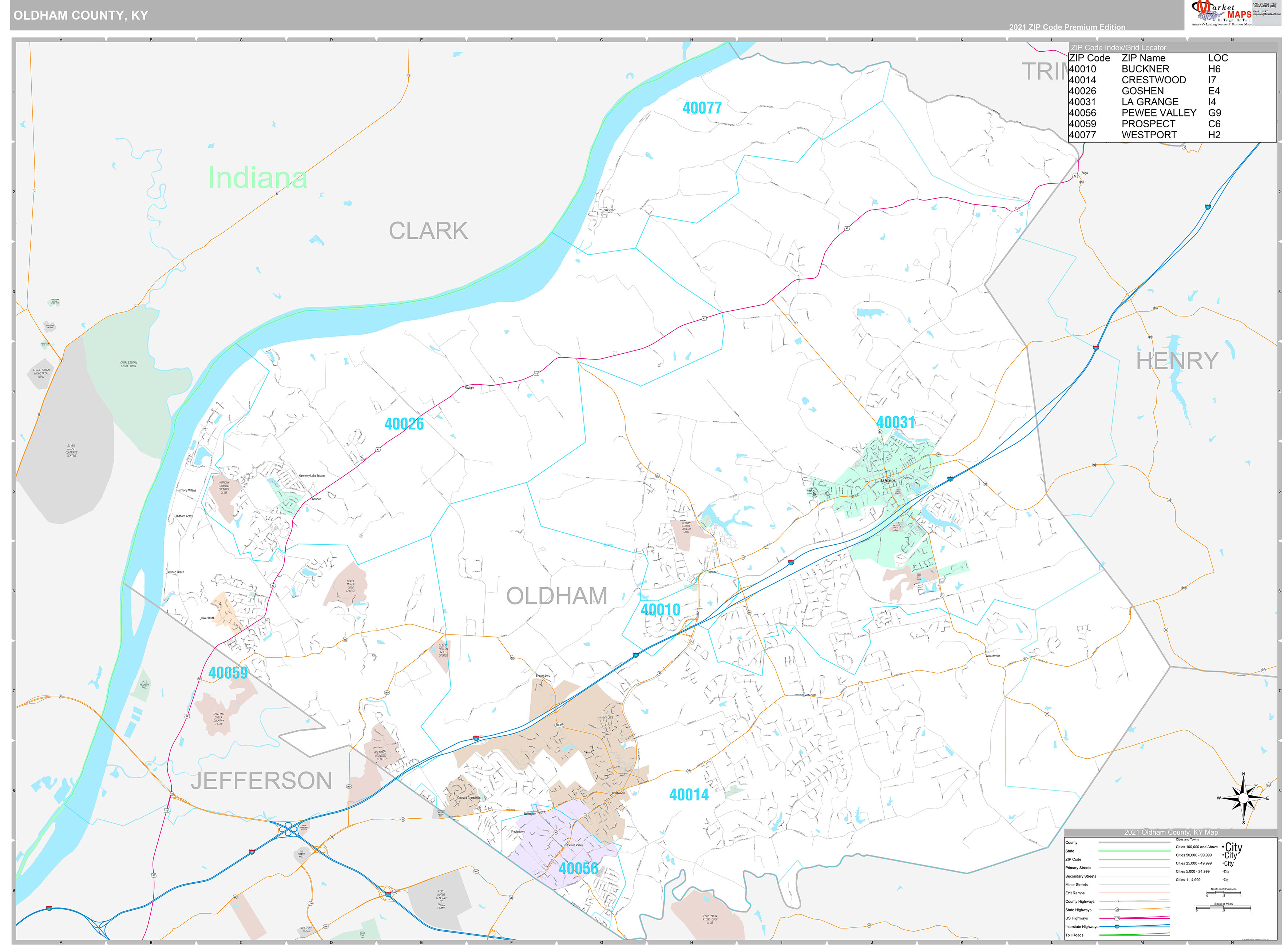 Oldham County, KY Wall Map Premium Style by MarketMAPS