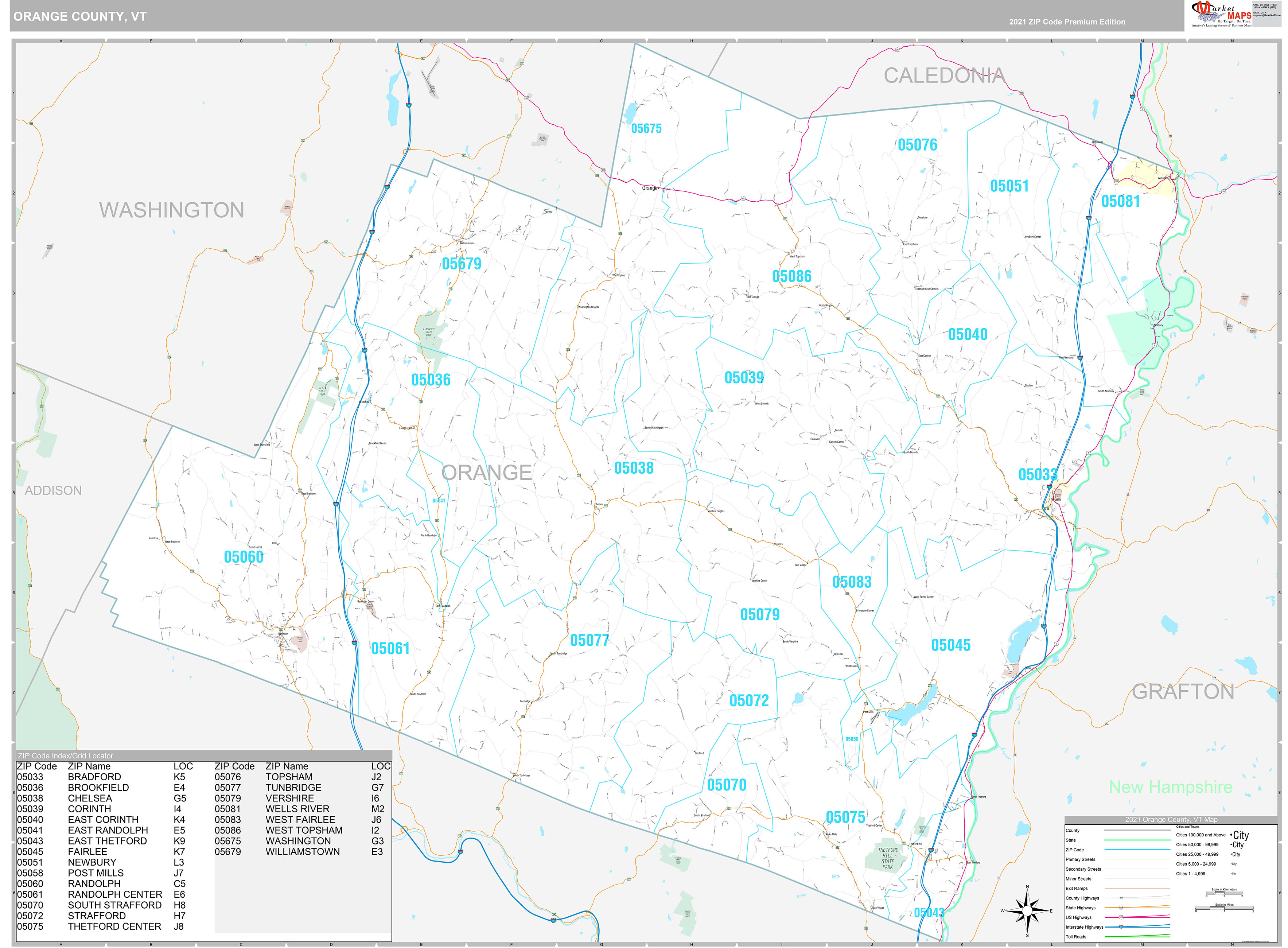 Orange County VT Wall Map Premium Style by MarketMAPS MapSales
