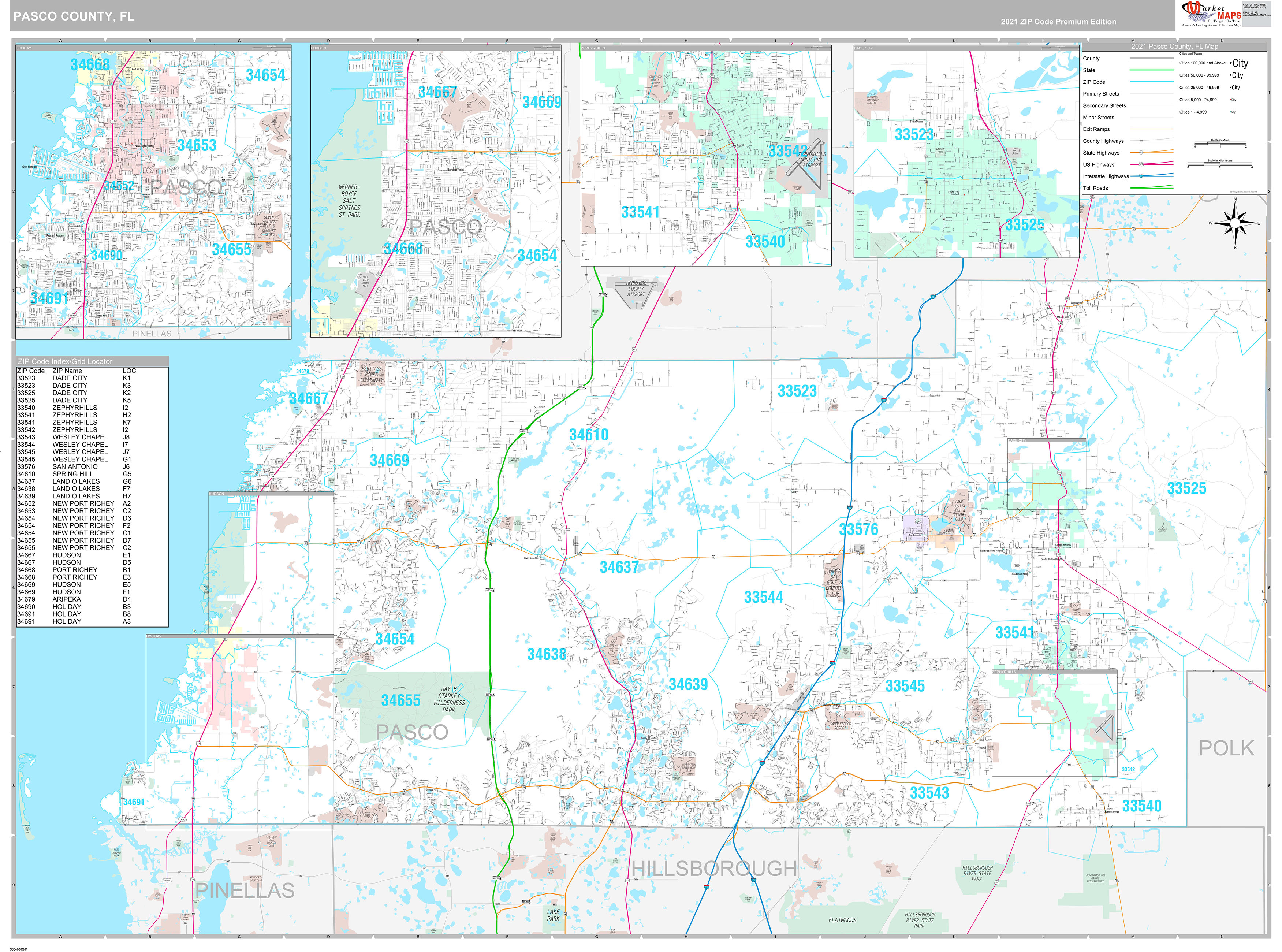 Pasco County FL Wall Map Premium Style by MarketMAPS MapSales