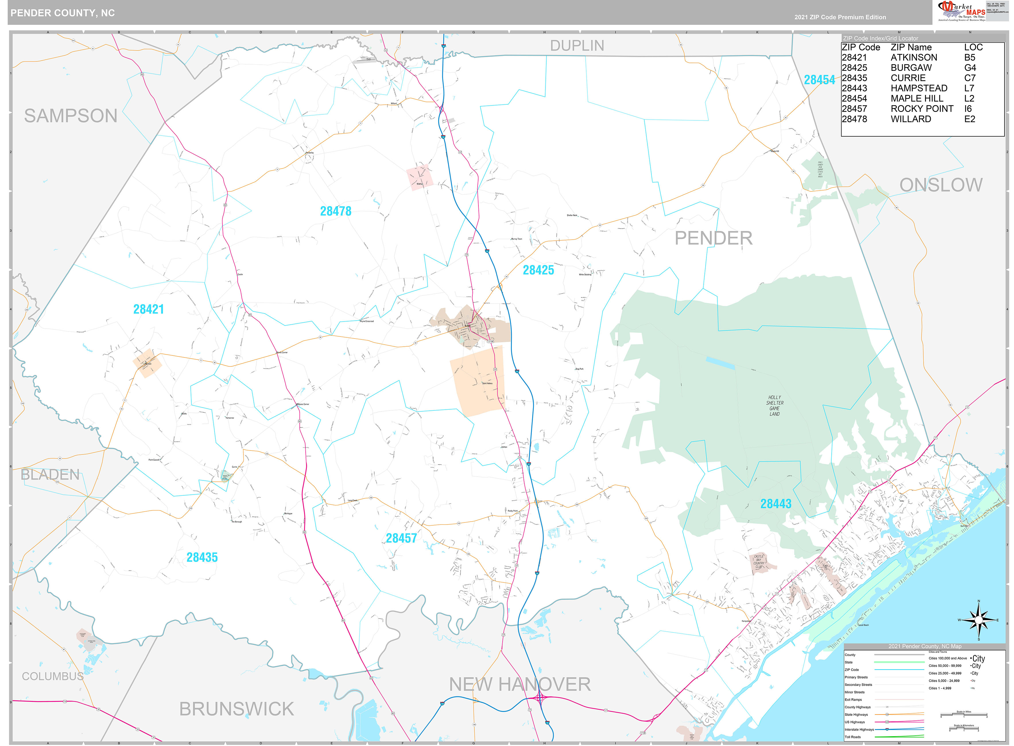 Pender County, NC Wall Map Premium Style by MarketMAPS