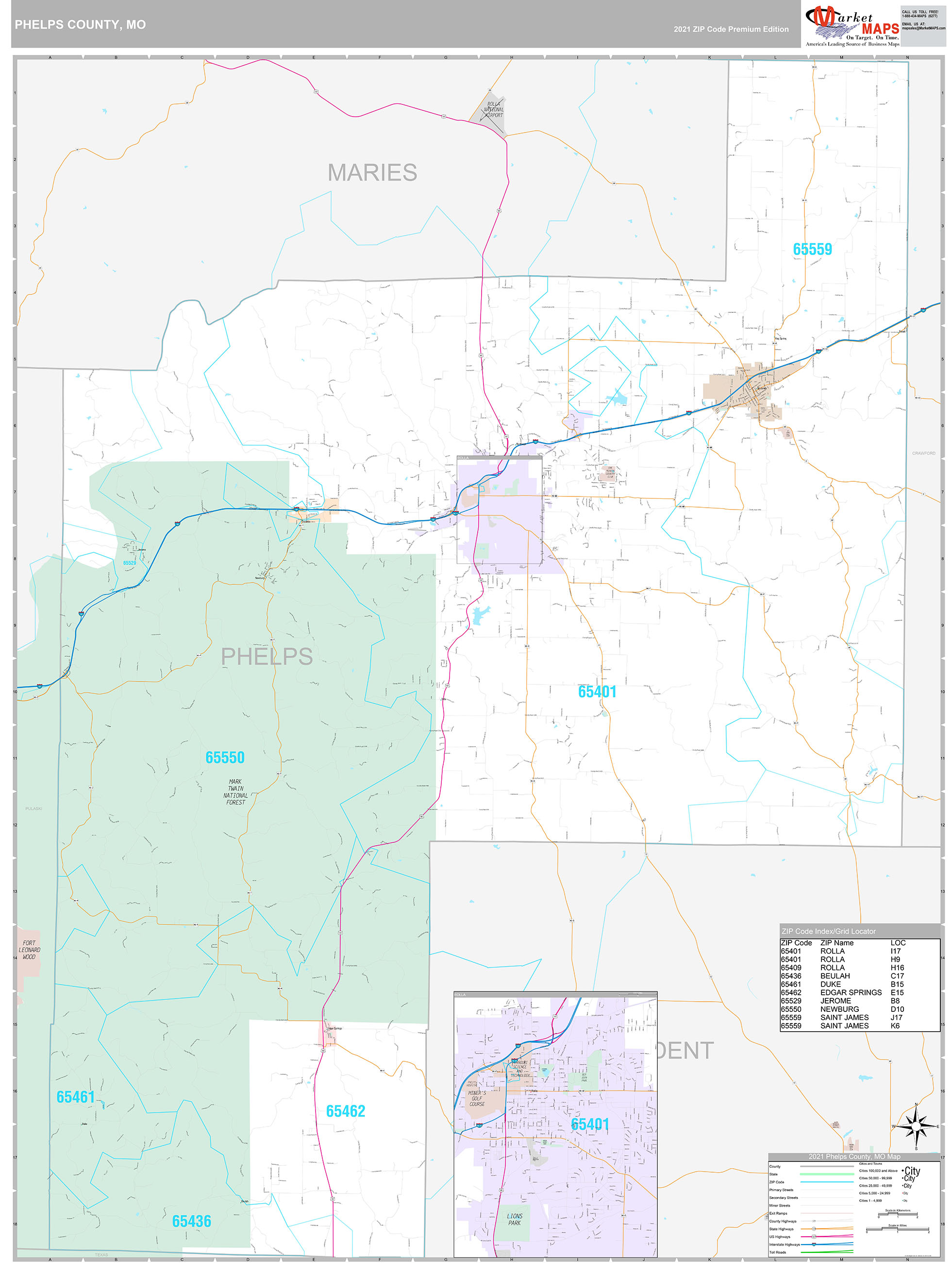 Phelps County, MO Wall Map Premium Style by MarketMAPS MapSales