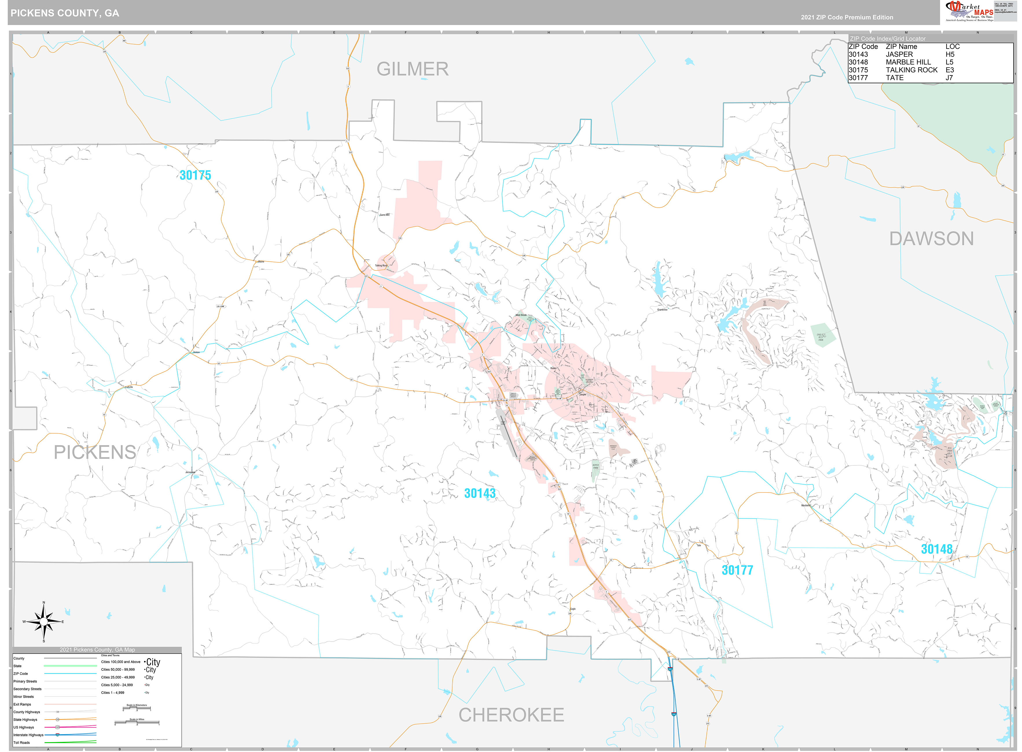 Pickens County, GA Wall Map Premium Style by MarketMAPS