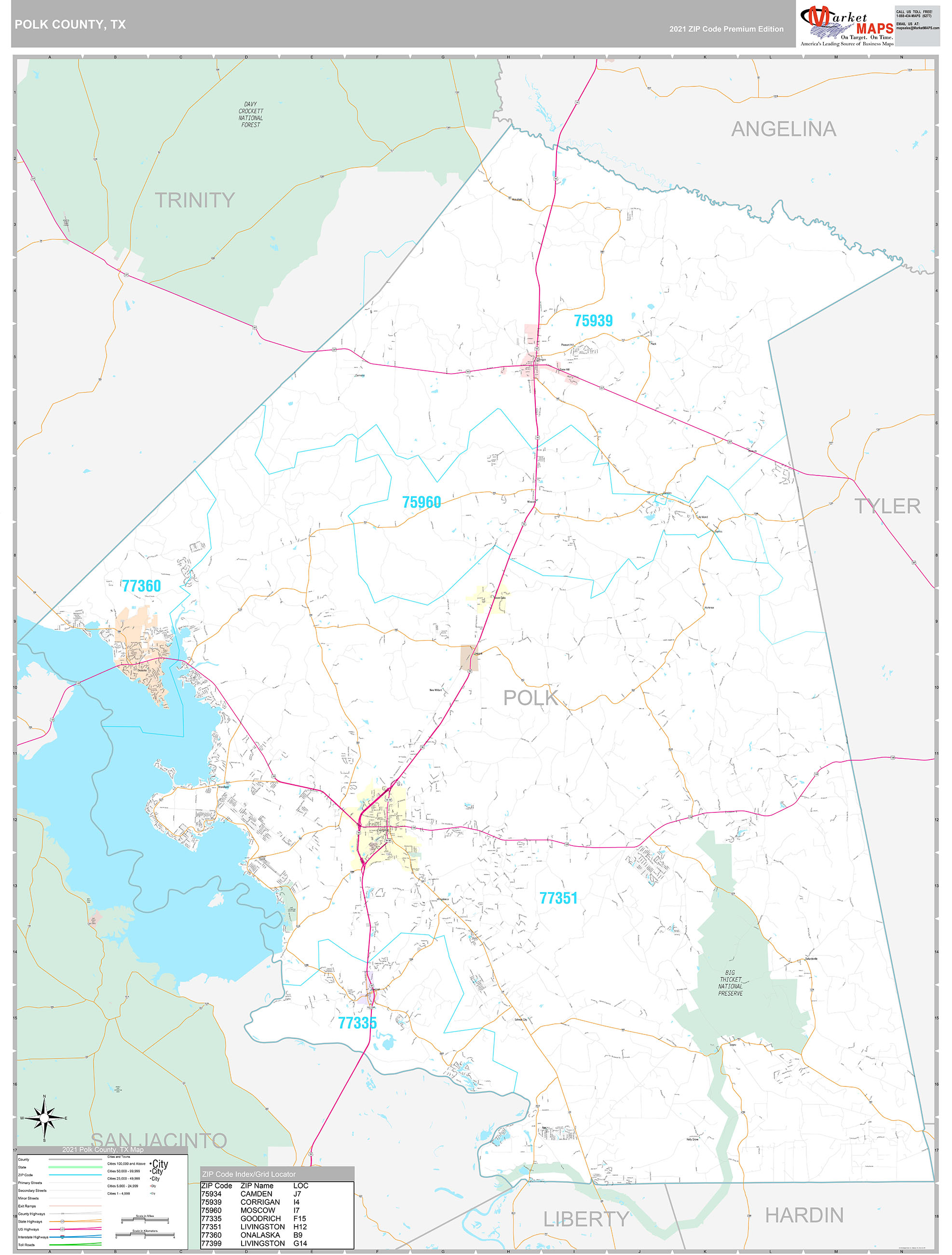 Polk County, TX Wall Map Premium Style by MarketMAPS