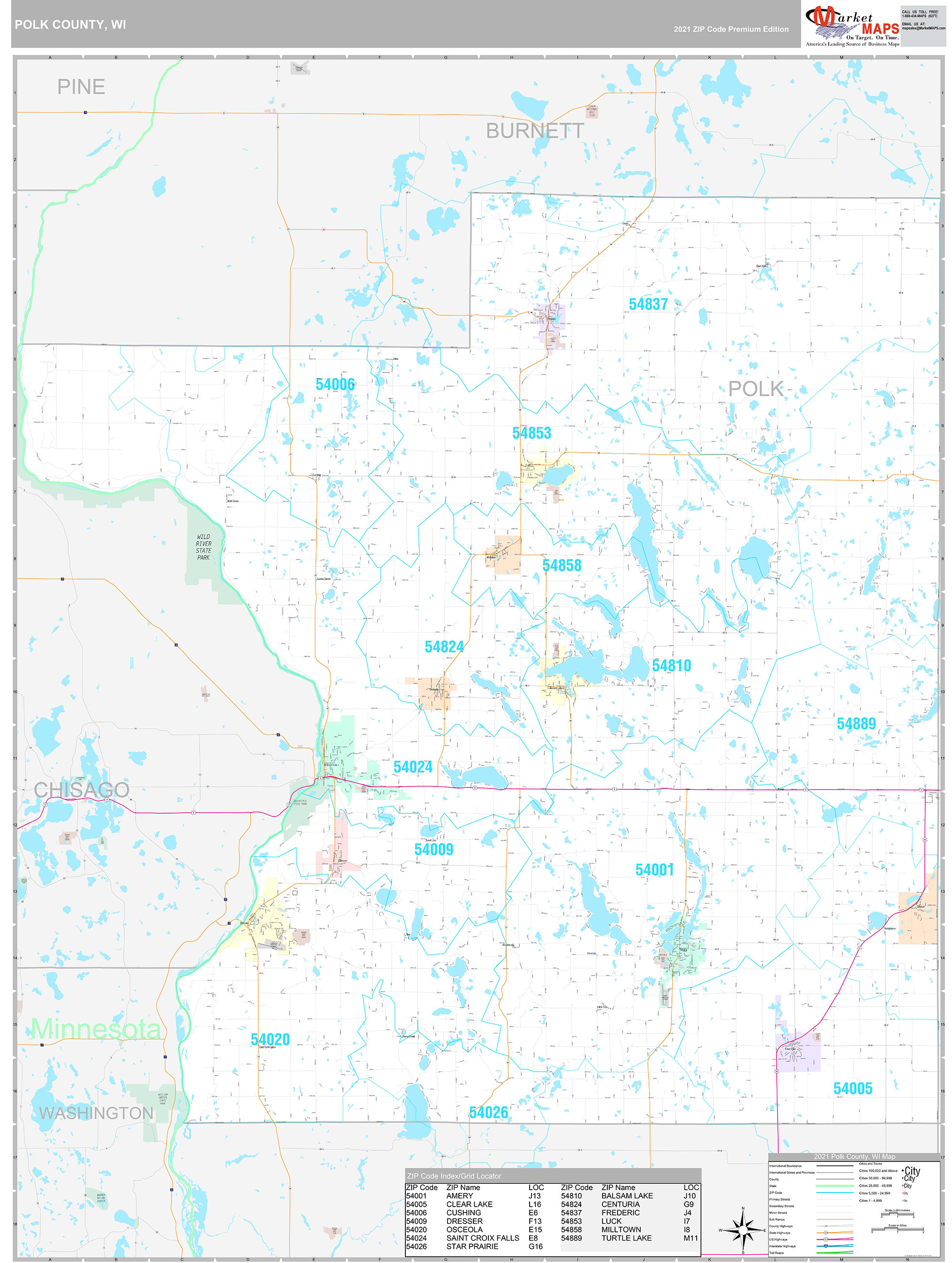 Polk County, WI Wall Map Premium Style by MarketMAPS