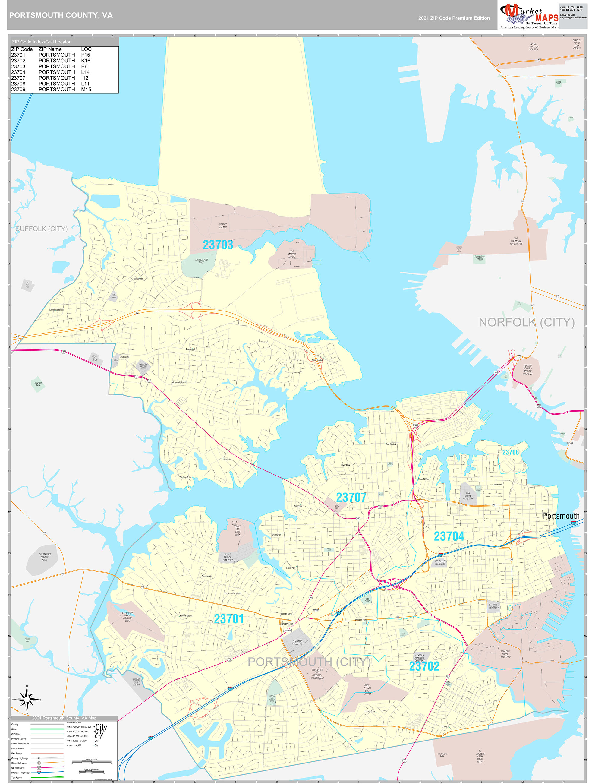 Portsmouth County, VA Wall Map Premium Style by MarketMAPS - MapSales.com